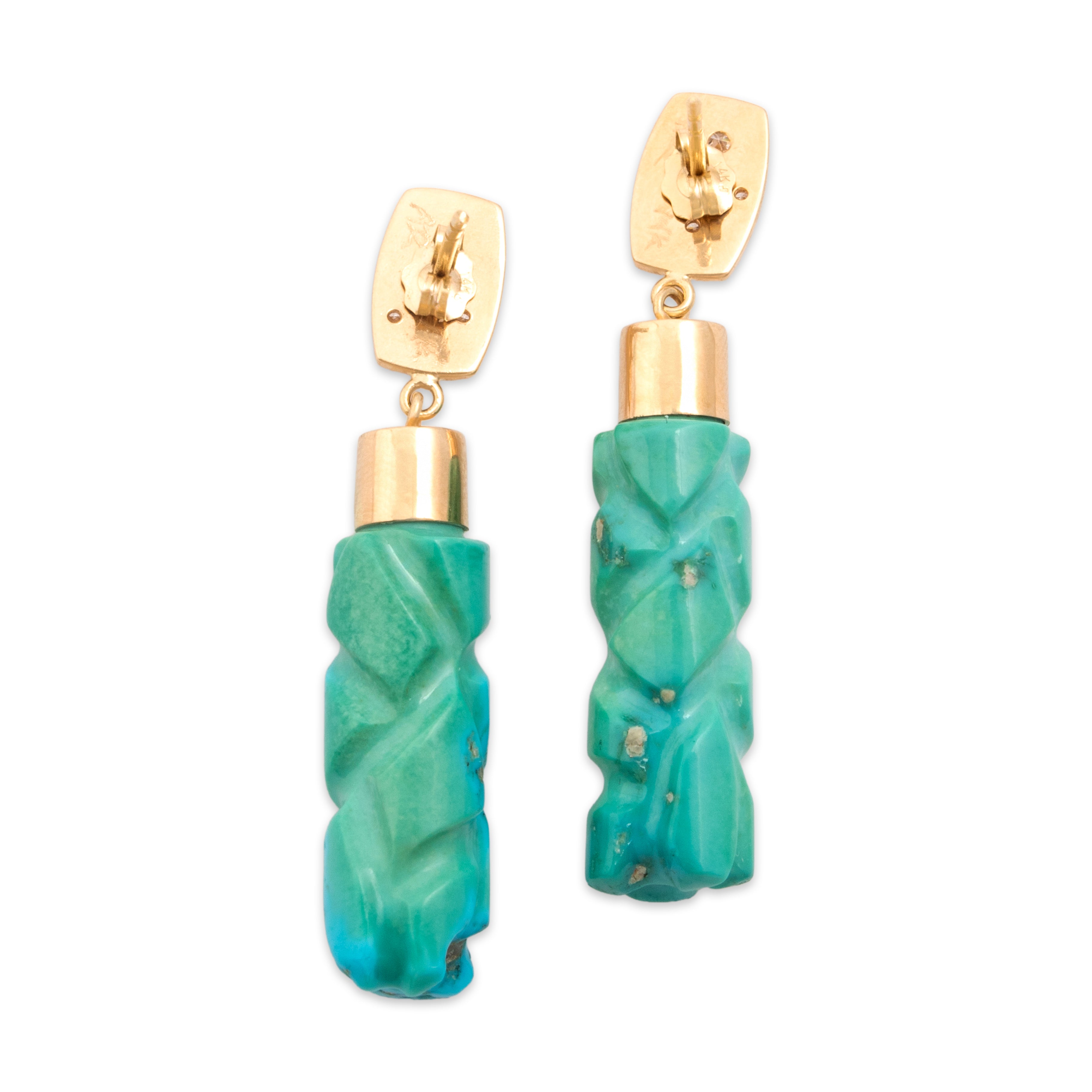 Estate Substantial 14k Yellow Gold 32.41cttw Turquoise Diamond Carved Column Dangle Earrings - Back view