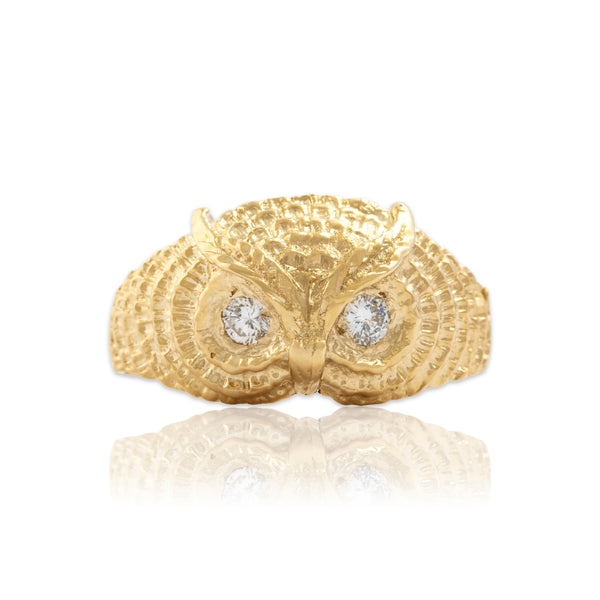 Vintage 18k Yellow Gold Diamond Astute Owl Ring 11.50