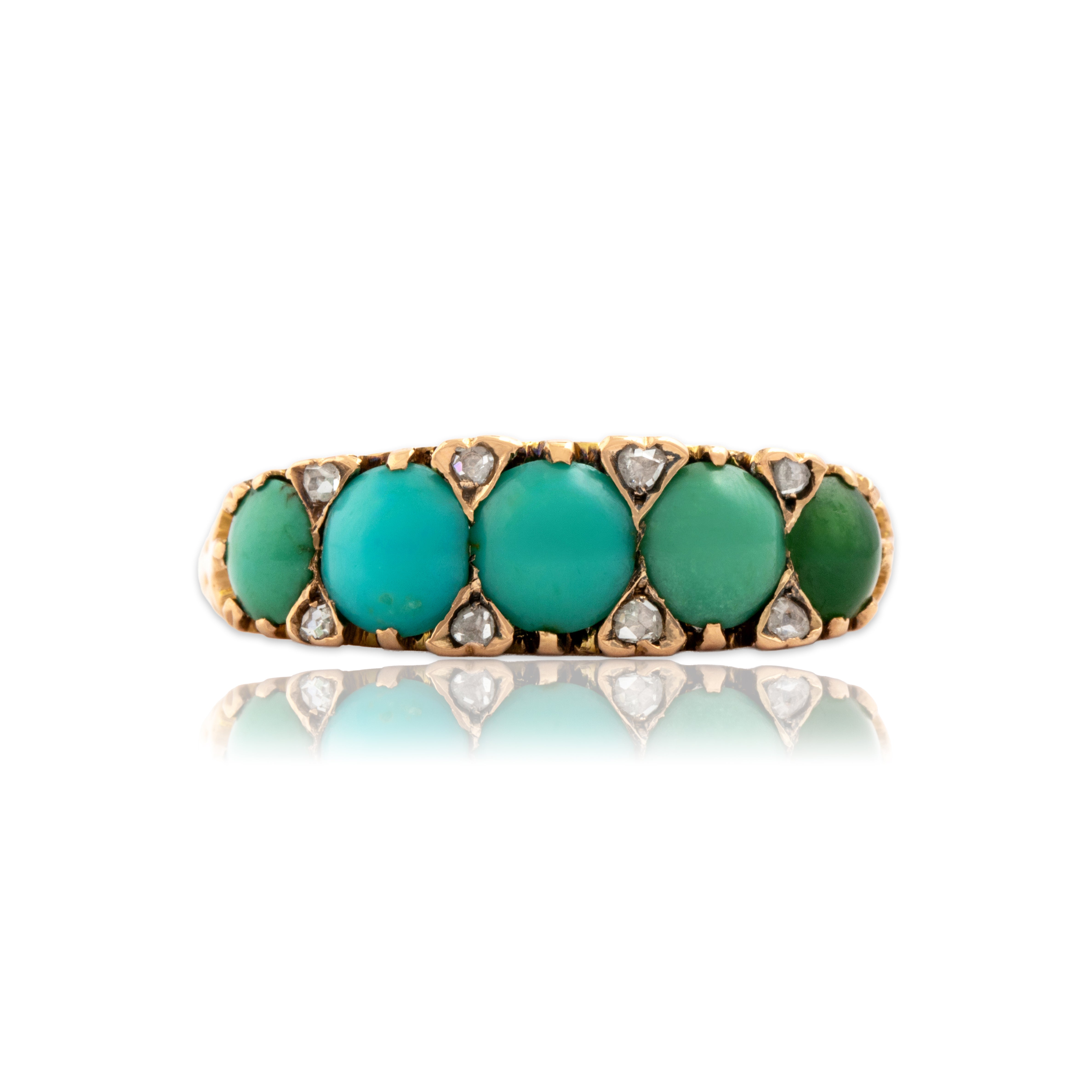Antique Victorian 18k Rosy Yellow Gold 1.62cttw Turquoise Rose Cut Diamond Incredible Ornate Bar Ring - Close-up view