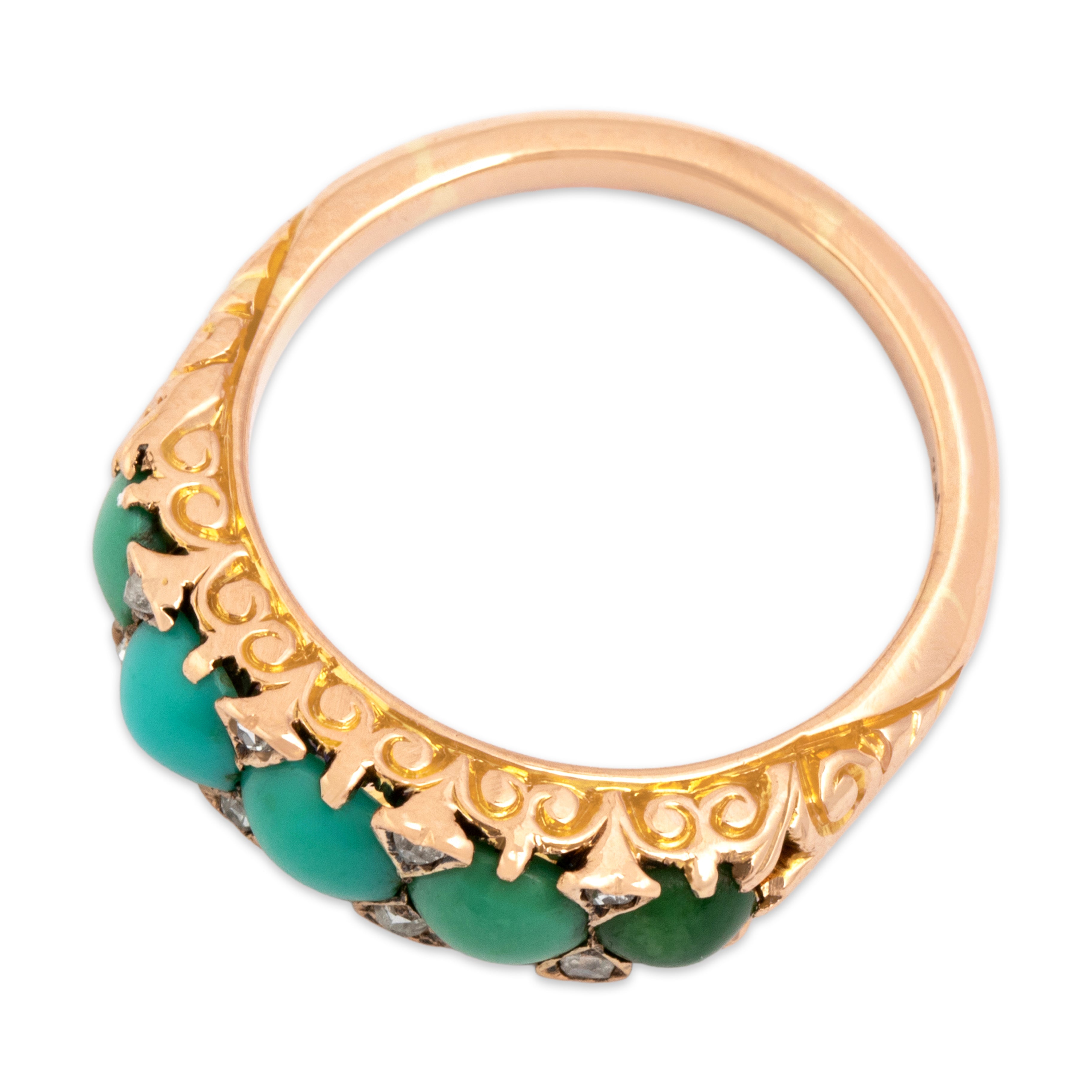 Antique Victorian 18k Rosy Yellow Gold 1.62cttw Turquoise Rose Cut Diamond Incredible Ornate Bar Ring - Overall view