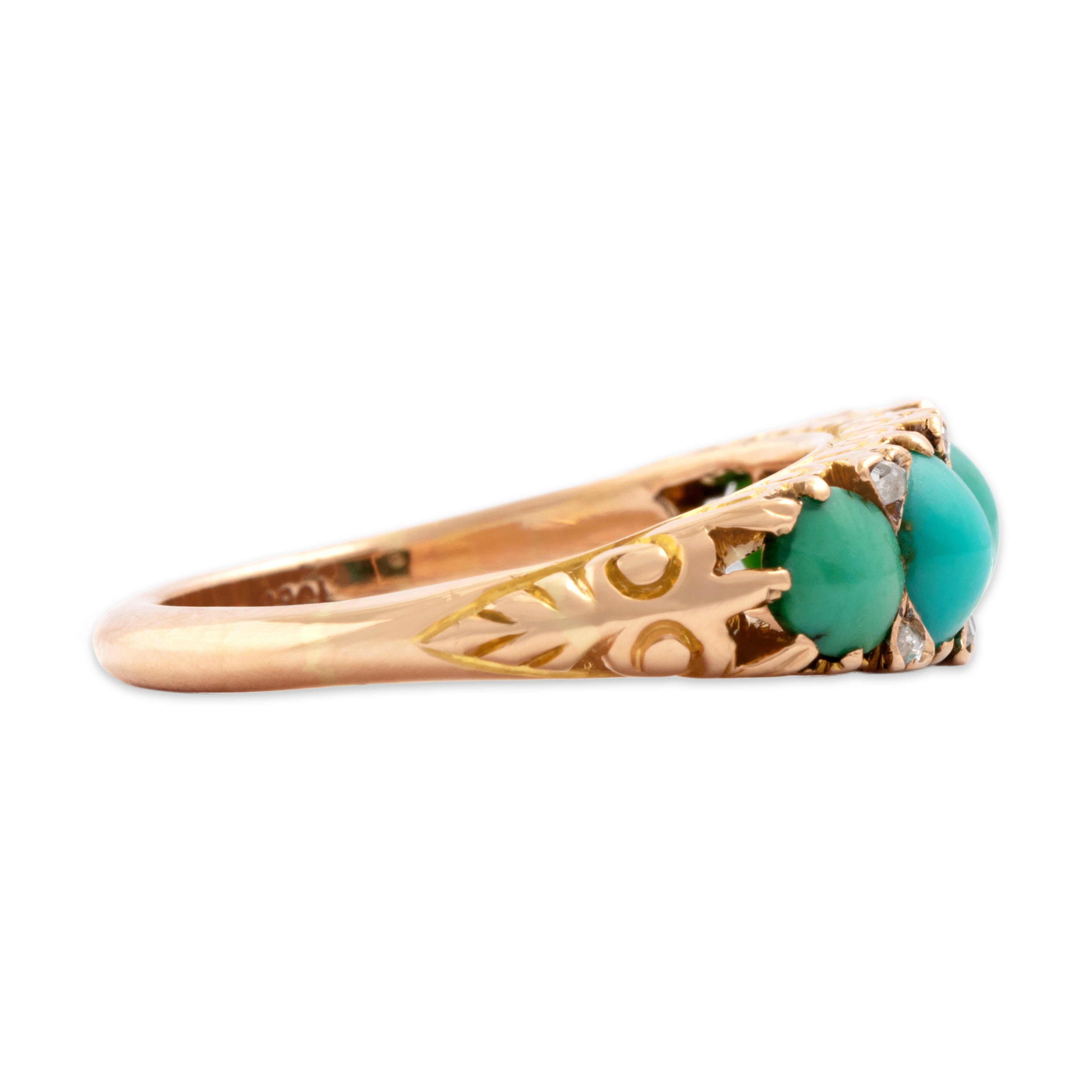 Antique Victorian 18k Rosy Yellow Gold 1.62cttw Turquoise Rose Cut Diamond Incredible Ornate Bar Ring - Side view