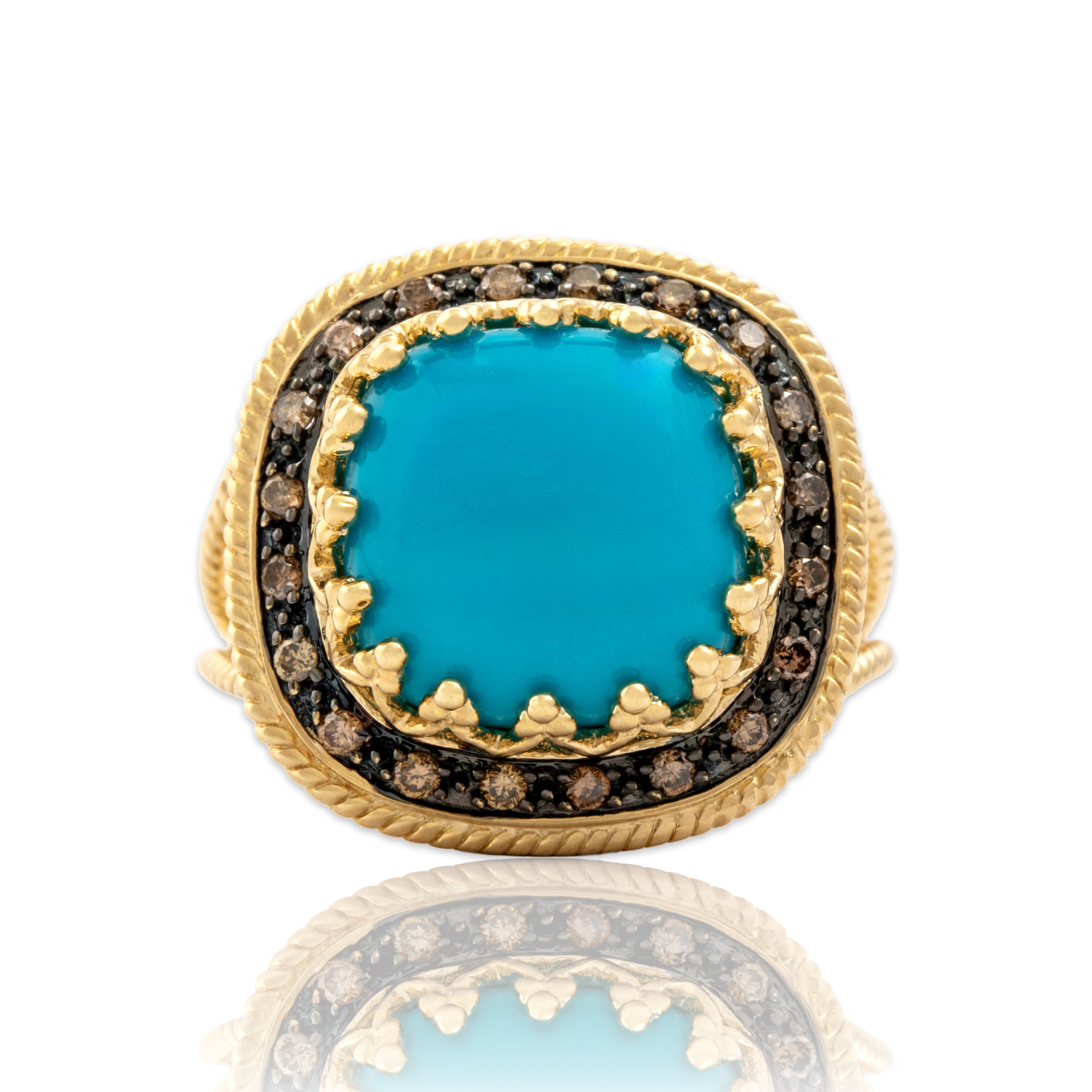 Vintage Chinese 14k Yellow Gold Chocolate Diamond Turquoise Cushion Shaped Cabochon Cocktail Ring - Close-up view