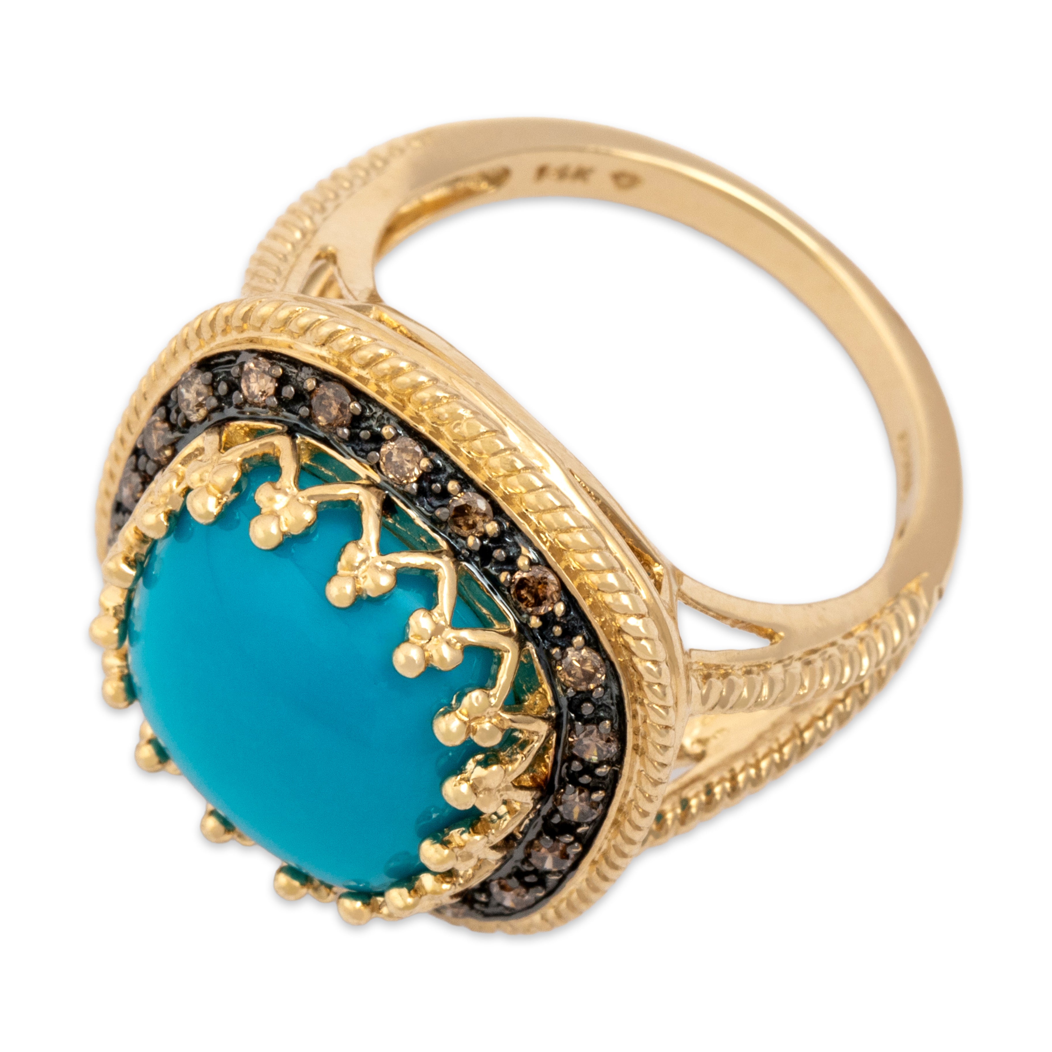 Vintage Chinese 14k Yellow Gold Chocolate Diamond Turquoise Cushion Shaped Cabochon Cocktail Ring - Overall view