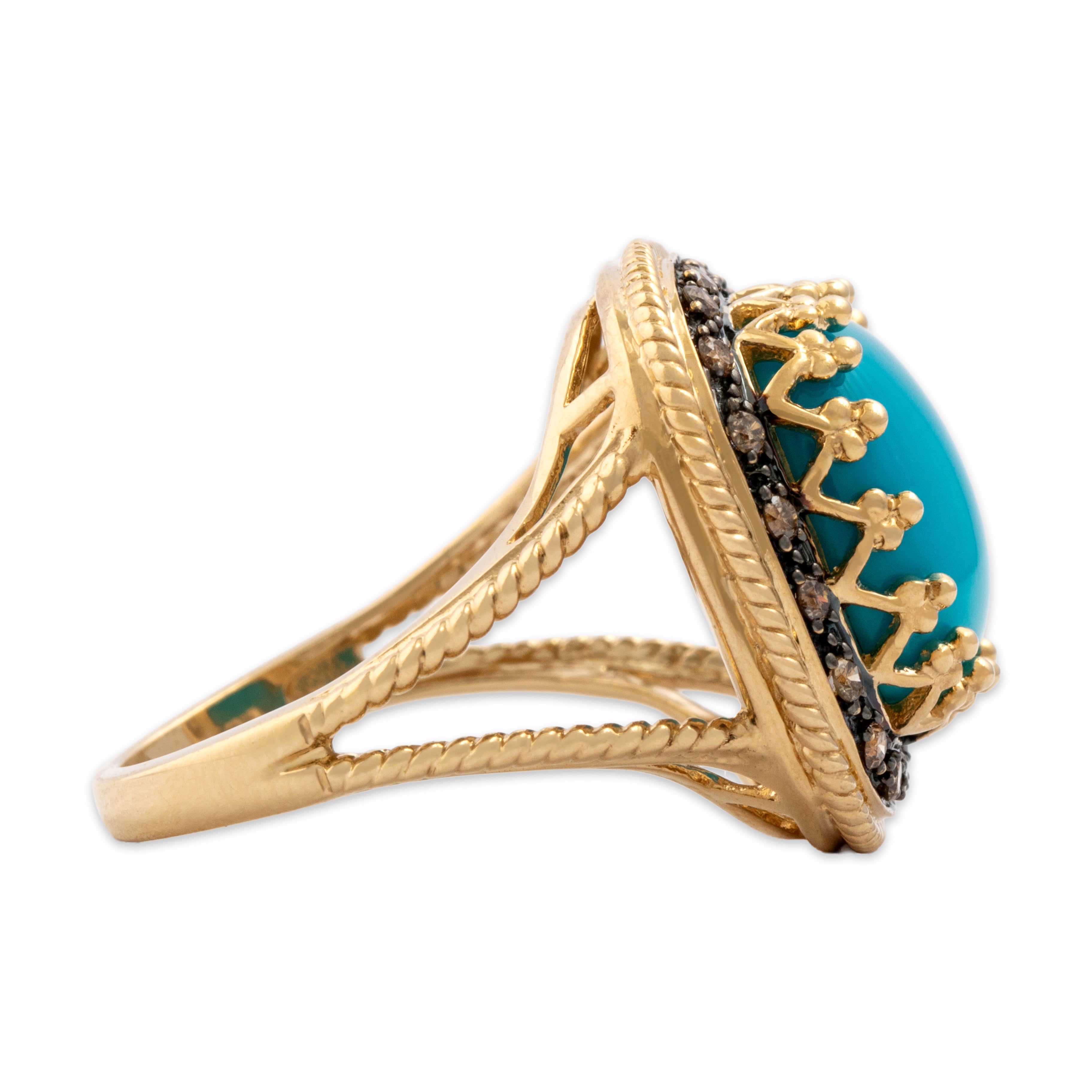 Vintage Chinese 14k Yellow Gold Chocolate Diamond Turquoise Cushion Shaped Cabochon Cocktail Ring - Side view