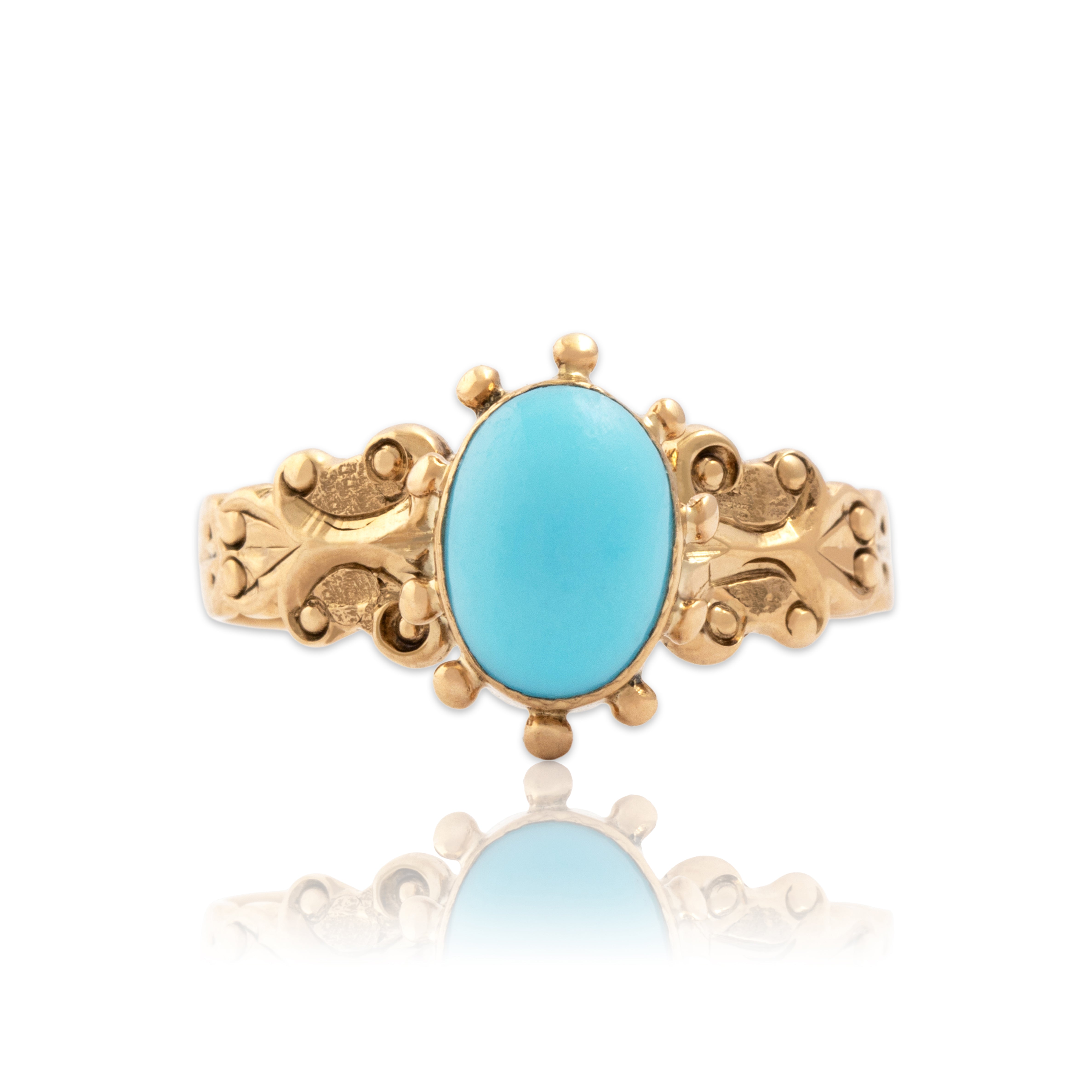 Antique Victorian 10k Rosy Yellow Gold Blue Glass Cabochon Scroll Ring 6.75