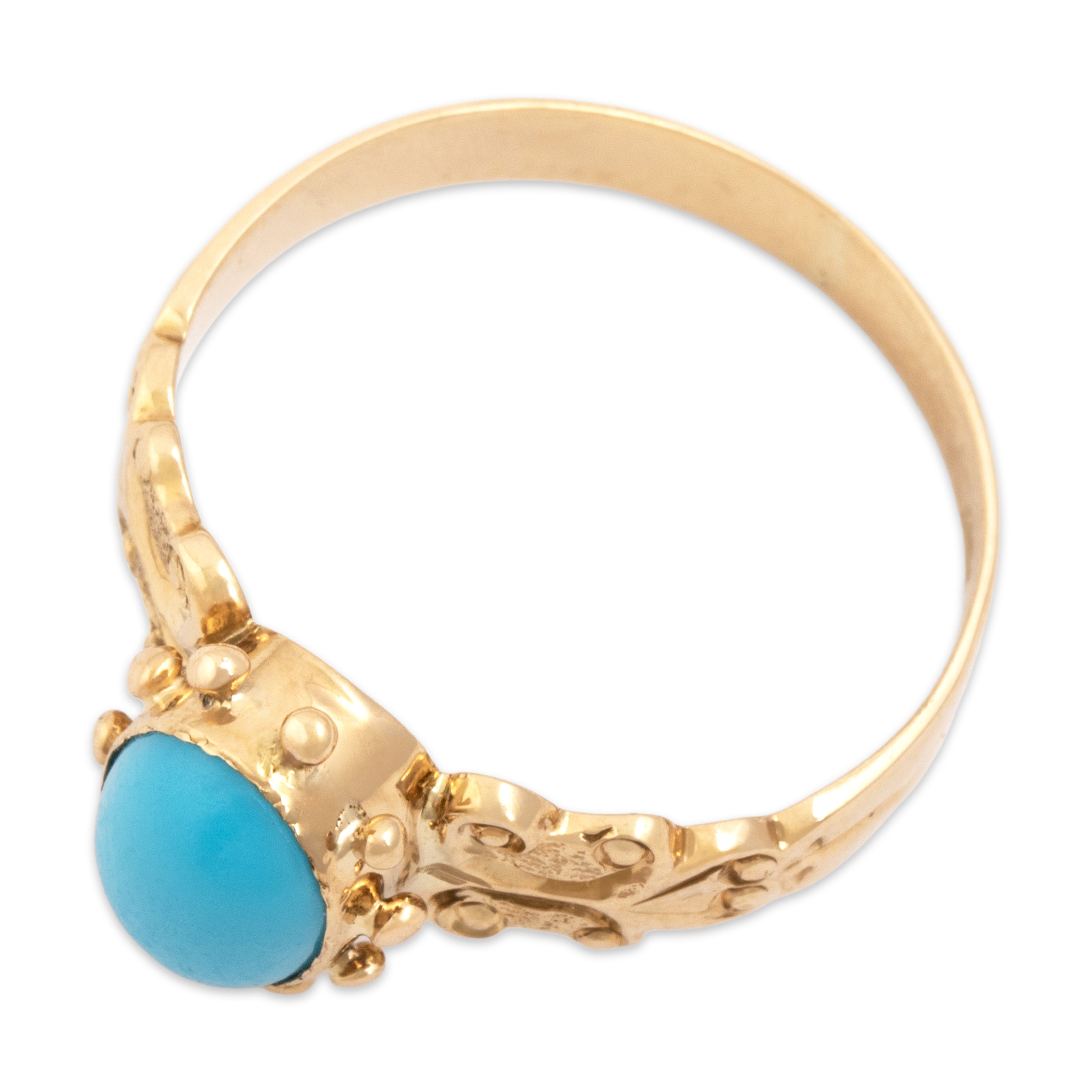 Antique Victorian 10k Rosy Yellow Gold Blue Glass Cabochon Scroll Ring - Overall view