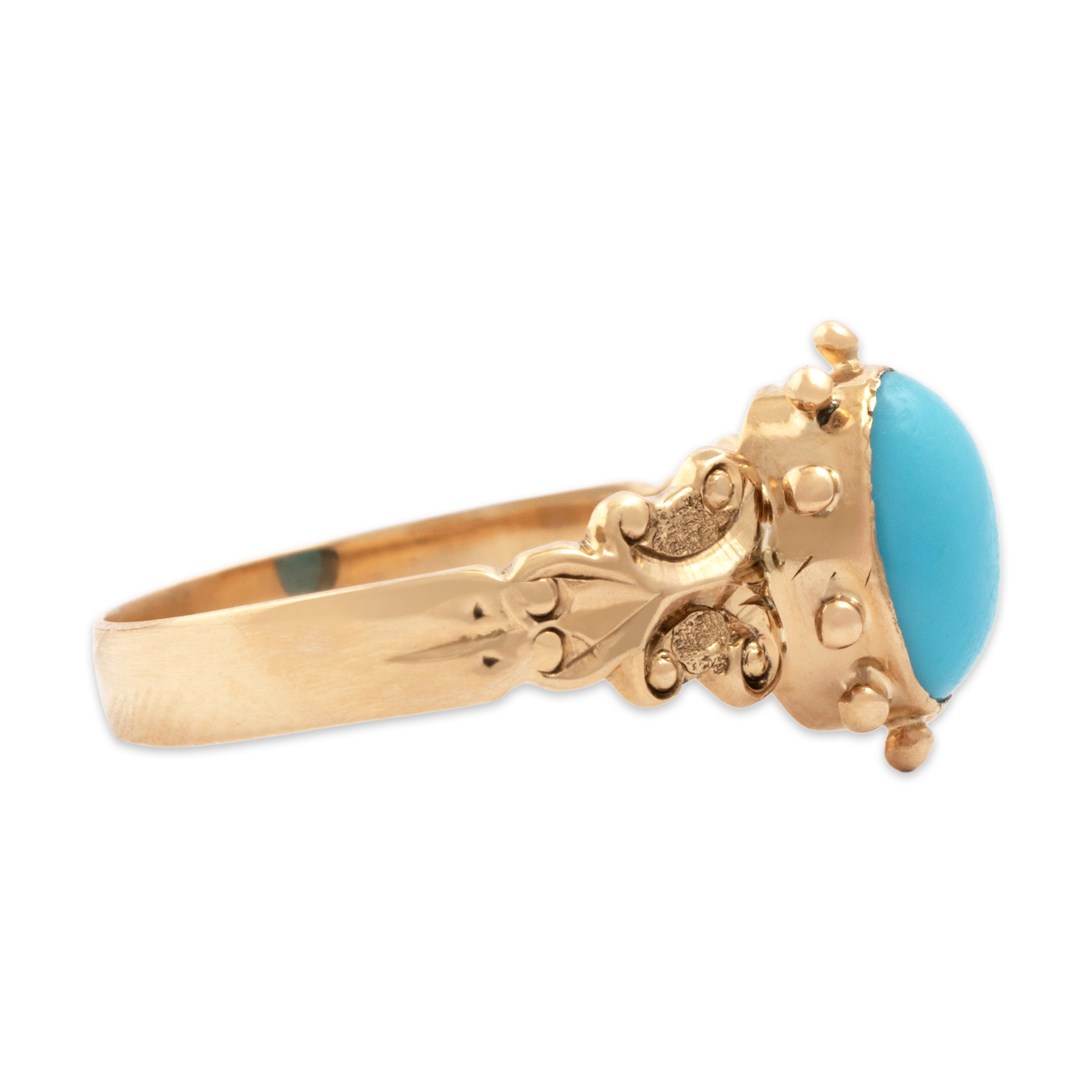 Antique Victorian 10k Rosy Yellow Gold Blue Glass Cabochon Scroll Ring - Side view