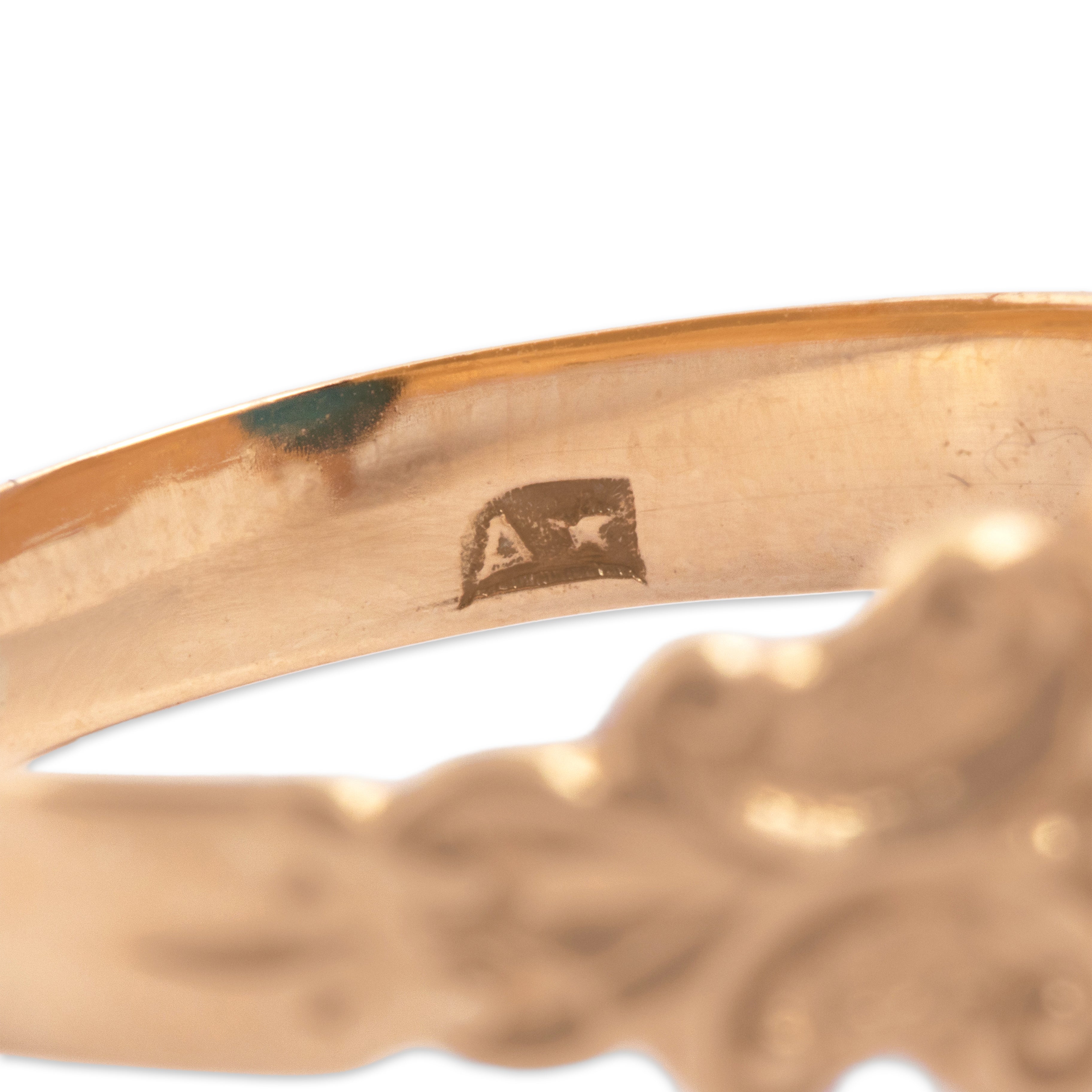 Antique Victorian 10k Rosy Yellow Gold Blue Glass Cabochon Scroll Ring - Hallmark view