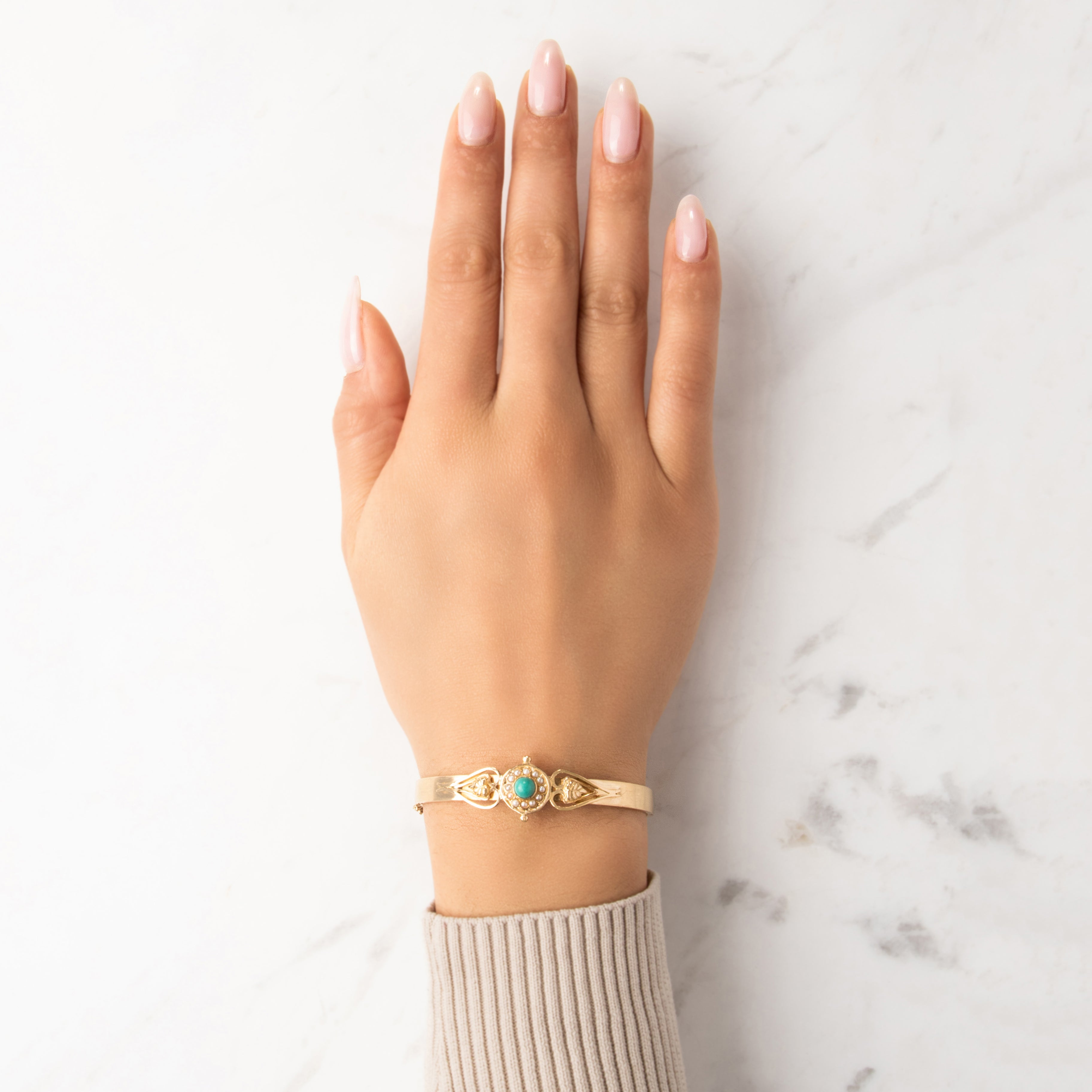 Vintage 14k Yellow Gold Turquoise Pearl Lovely Ornate Cabochon Bangle Bracelet - On model view