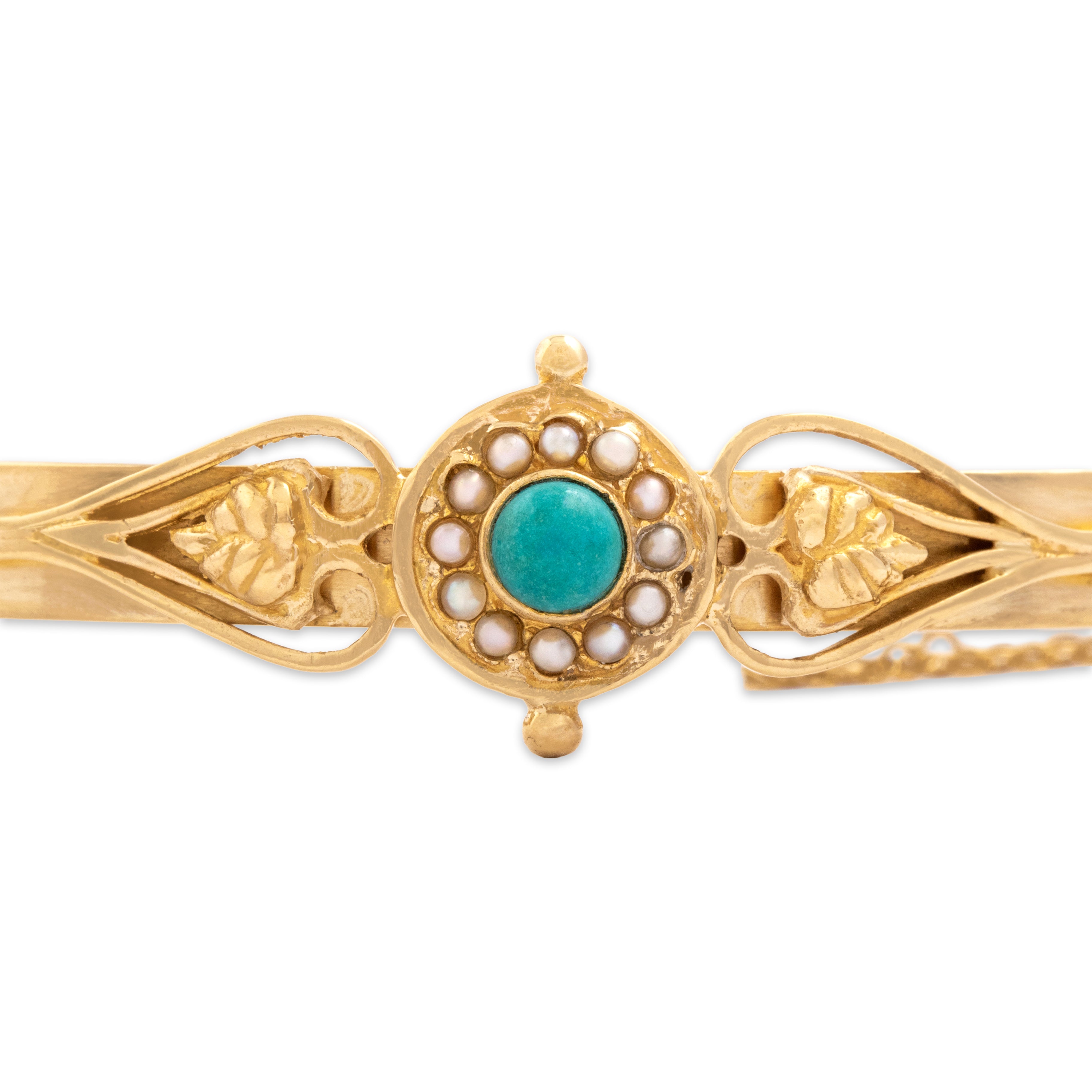 Vintage 14k Yellow Gold Turquoise Pearl Lovely Ornate Cabochon Bangle Bracelet - detail view #1