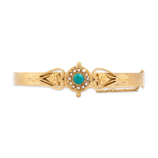 Vintage 14k Yellow Gold Turquoise Pearl Lovely Ornate Bangle Bracelet 6.5