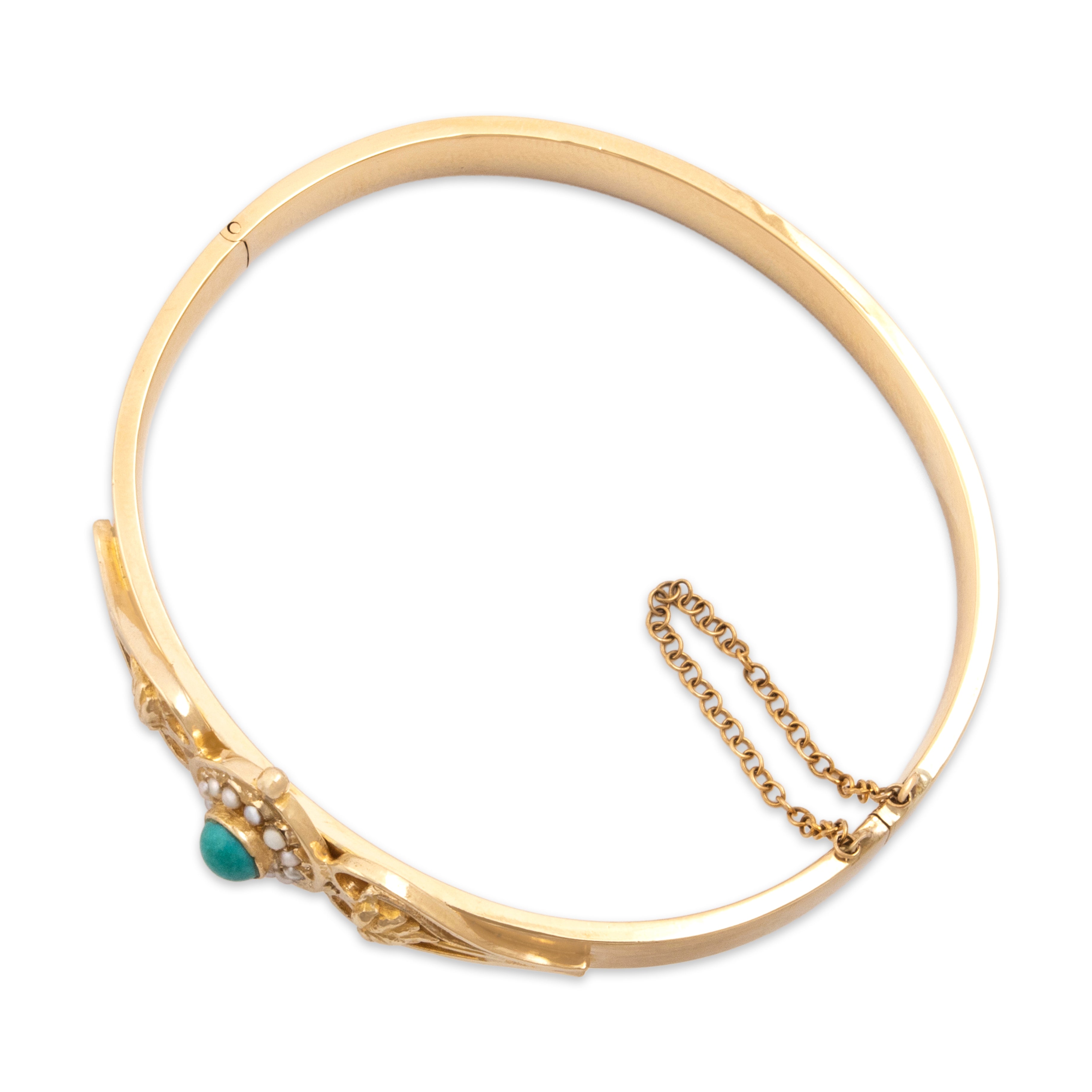 Vintage 14k Yellow Gold Turquoise Pearl Lovely Ornate Cabochon Bangle Bracelet - detail view #2