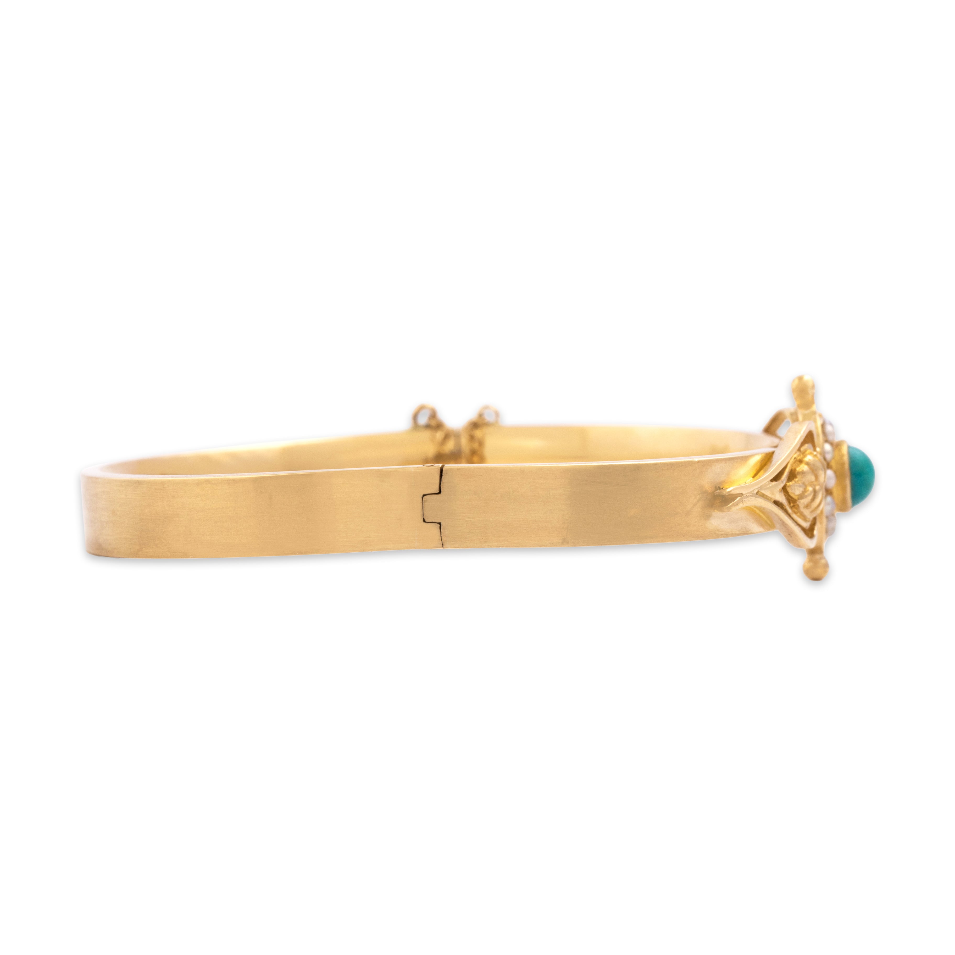 Vintage 14k Yellow Gold Turquoise Pearl Lovely Ornate Cabochon Bangle Bracelet - Side view