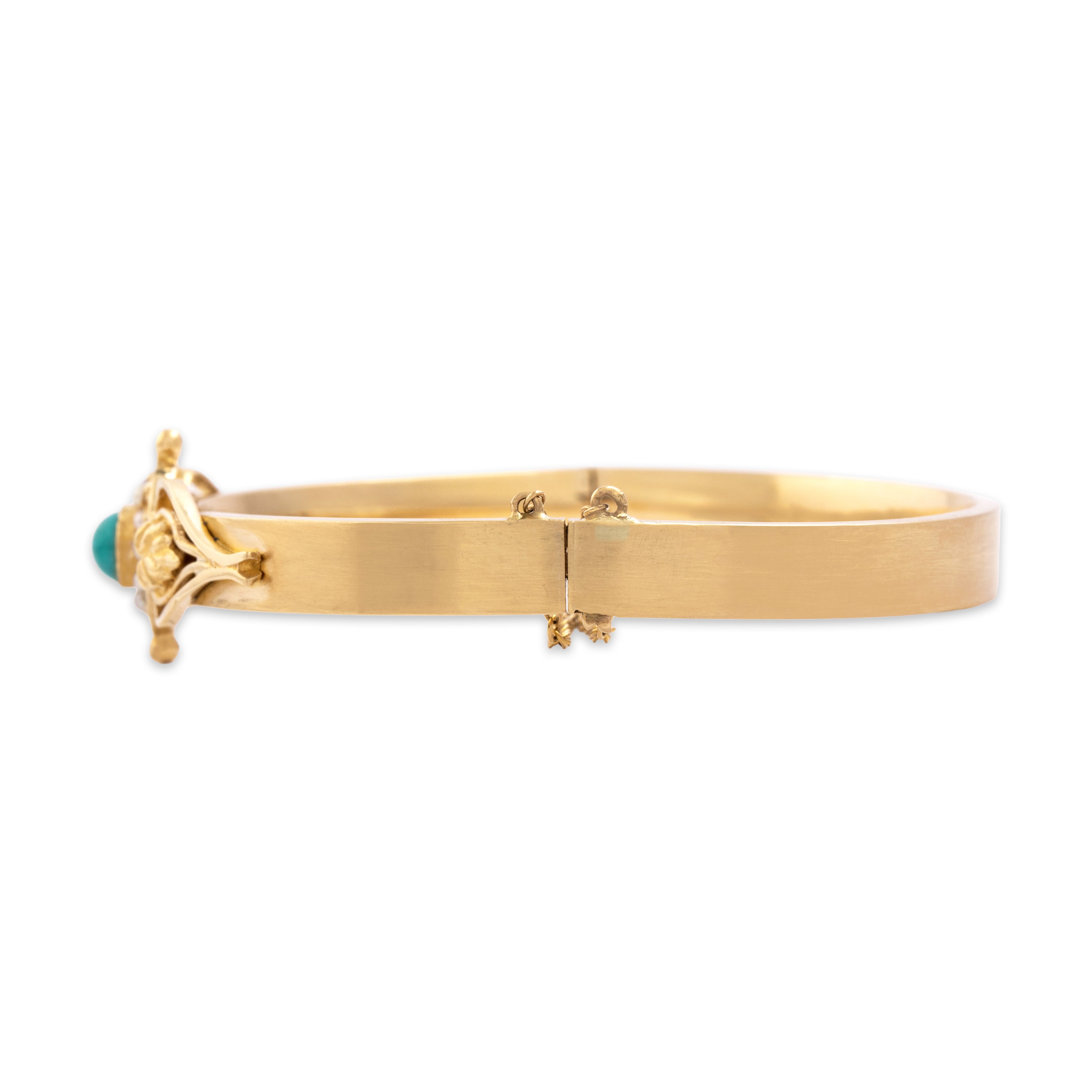 Vintage 14k Yellow Gold Turquoise Pearl Lovely Ornate Cabochon Bangle Bracelet - Side view