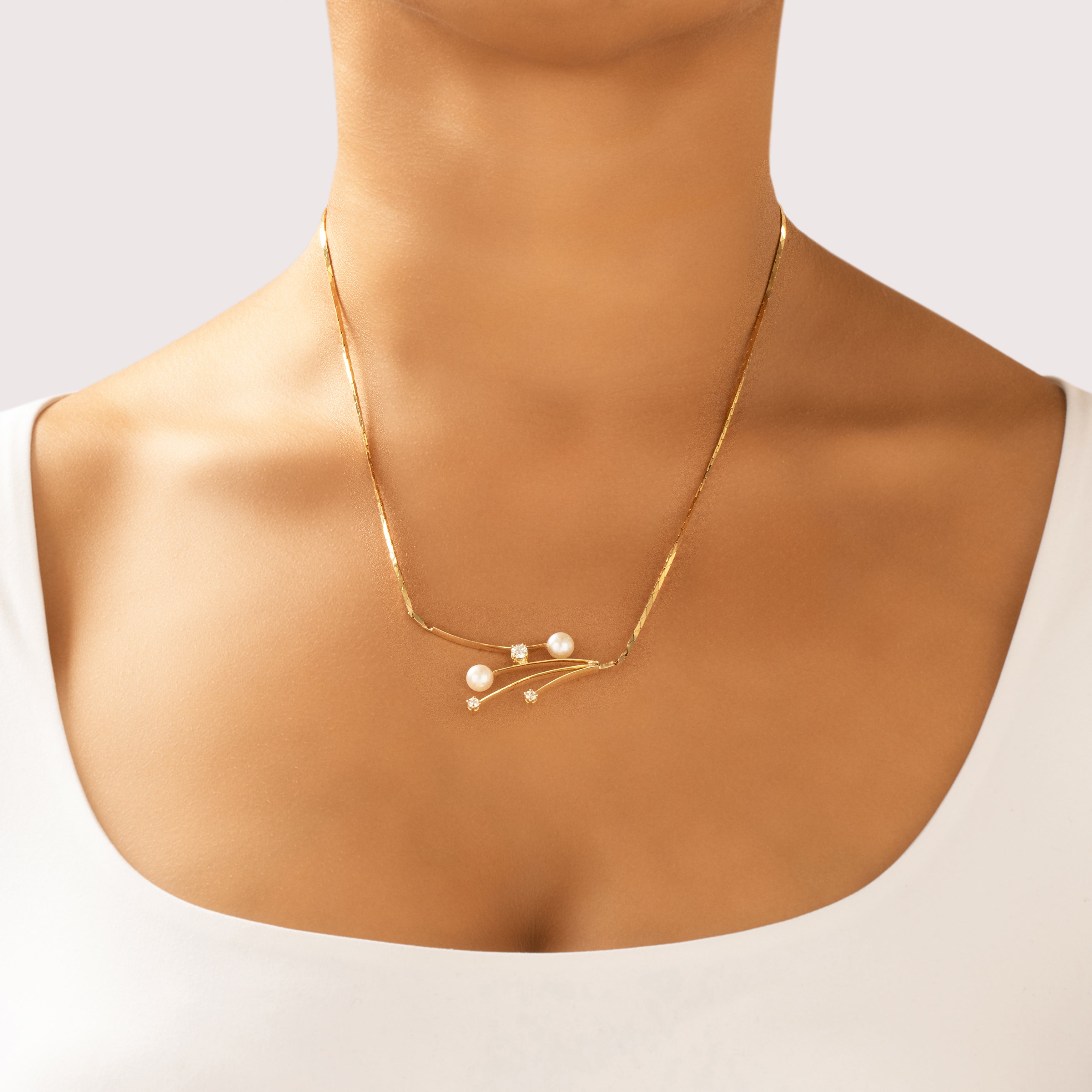 Vintage 14k Yellow Gold Diamond Pearl Elegant Flowing Sparkle Necklace - On model view