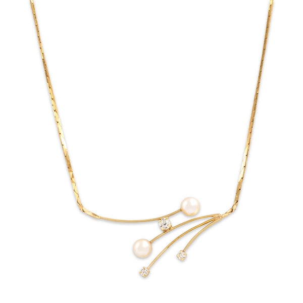 Vintage 14k Yellow Gold Diamond Pearl Elegant Flowing Sparkle Necklace 19.5