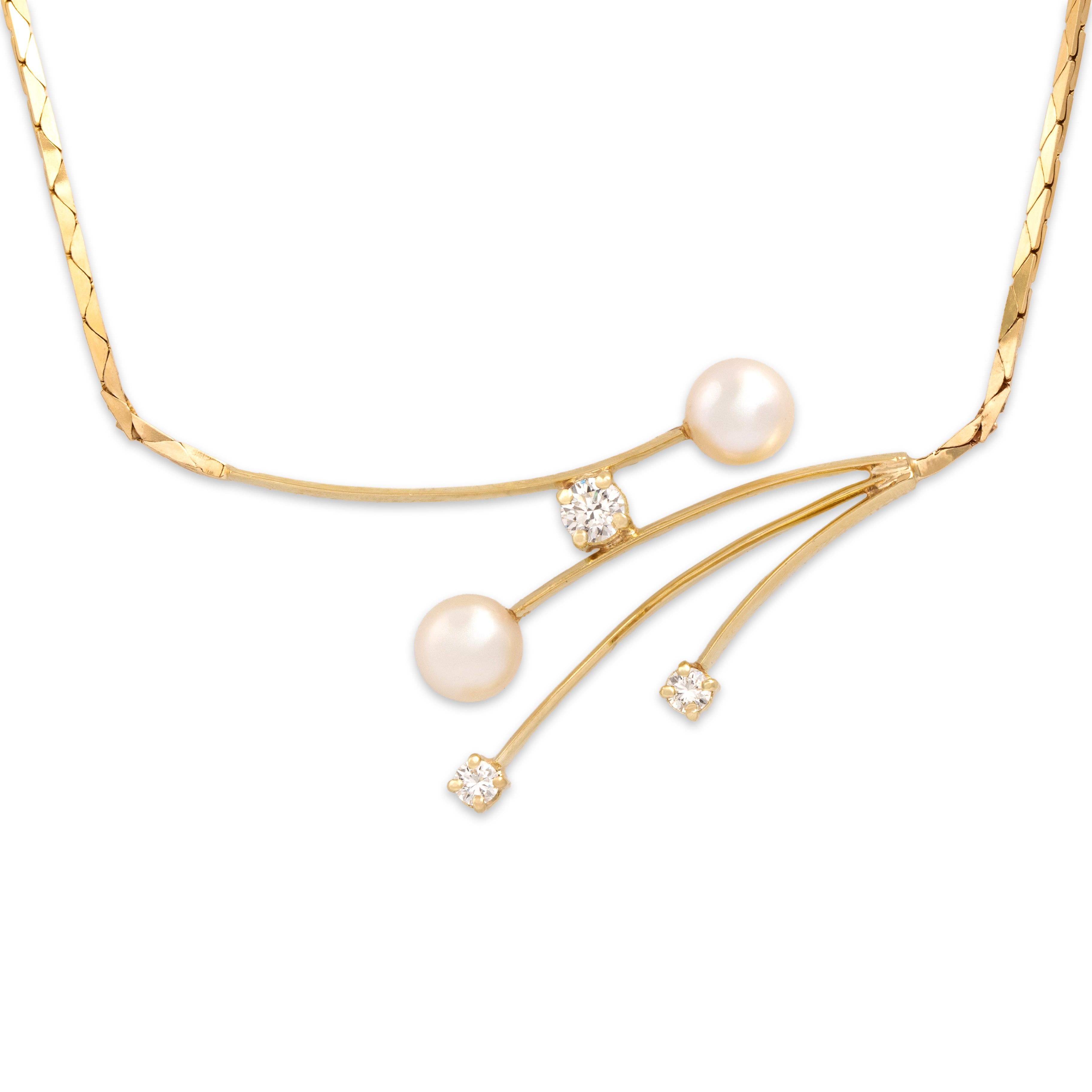 Vintage 14k Yellow Gold Diamond Pearl Elegant Flowing Sparkle Necklace - detail view #1