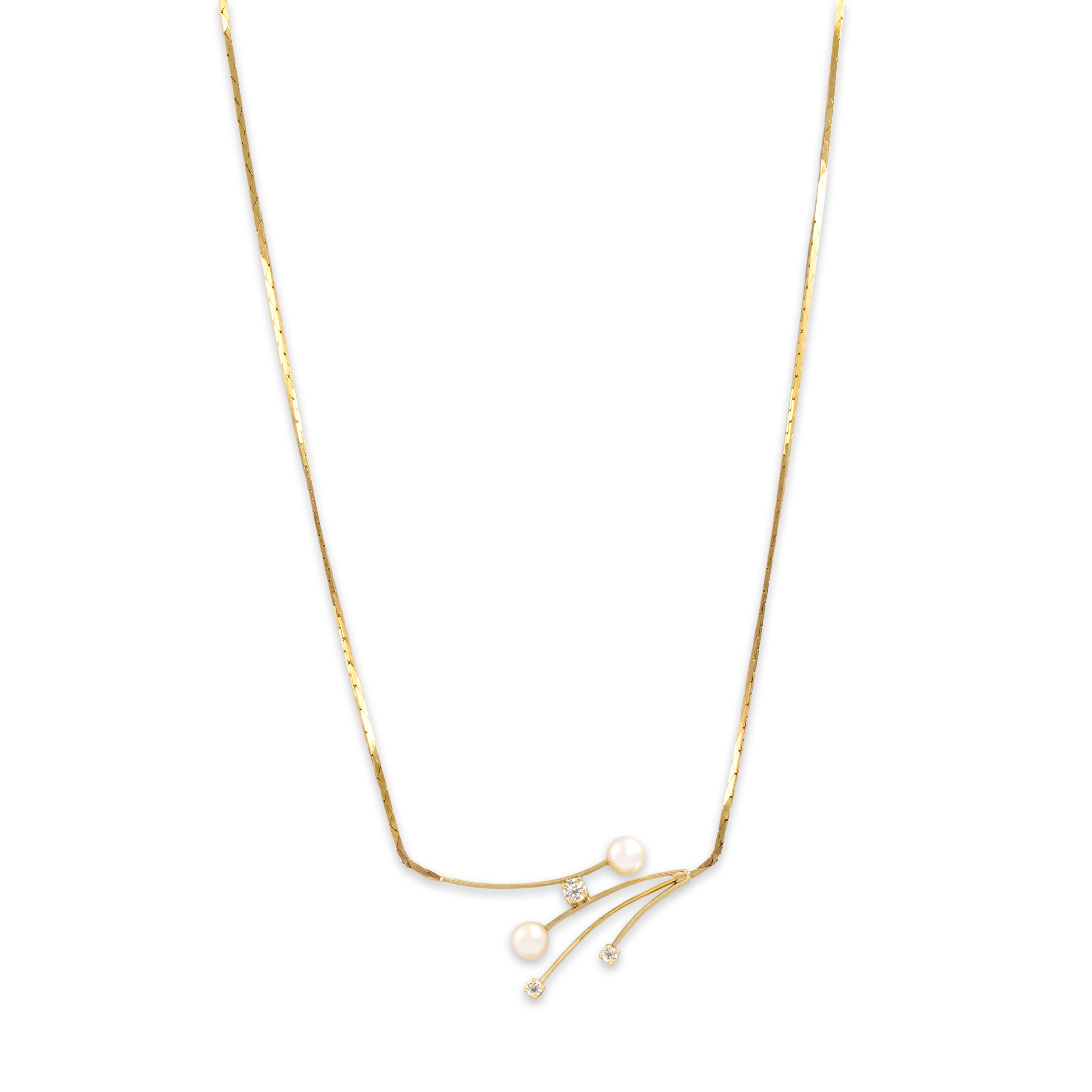 Vintage 14k Yellow Gold Diamond Pearl Elegant Flowing Sparkle Necklace - Close-up view