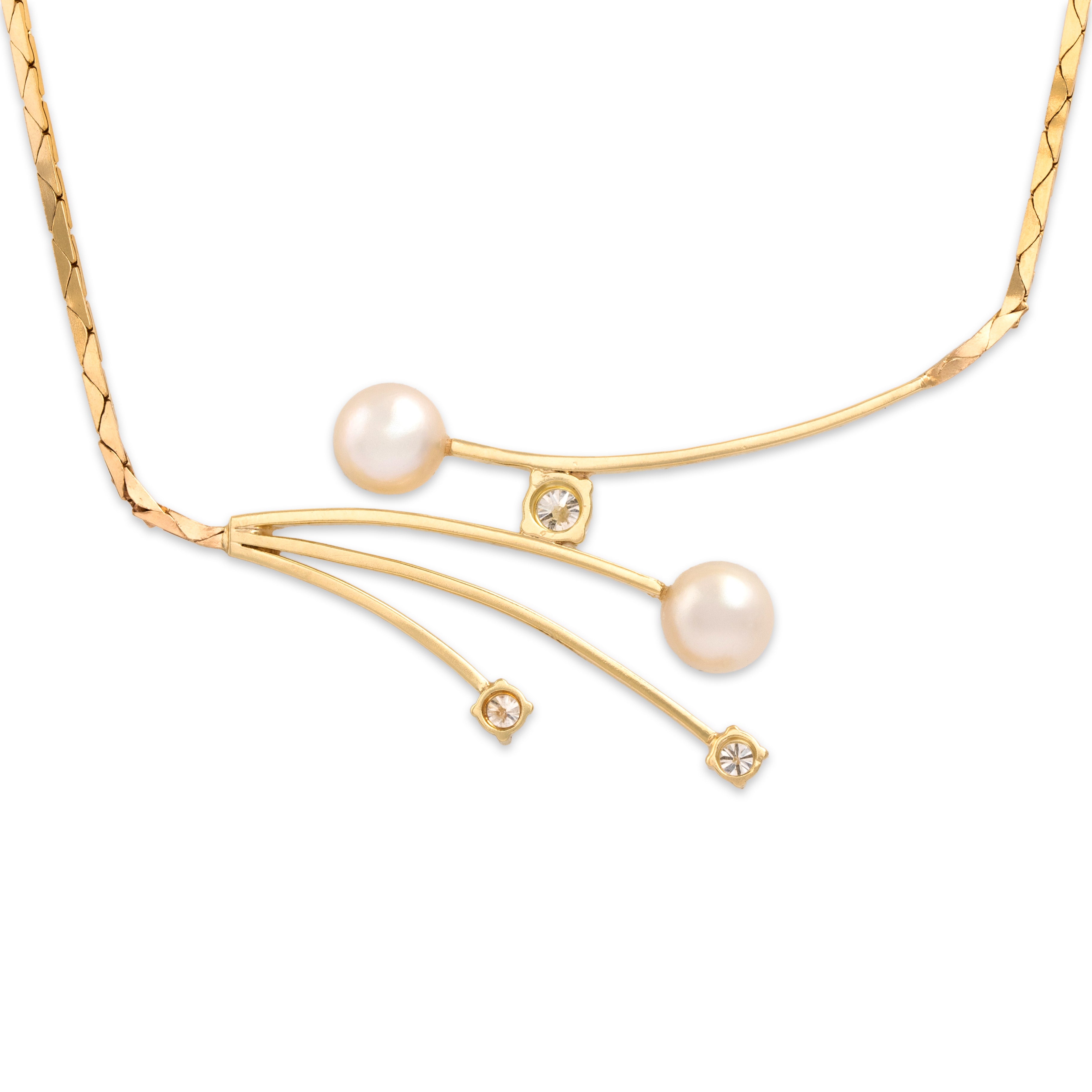 Vintage 14k Yellow Gold Diamond Pearl Elegant Flowing Sparkle Necklace - detail view #2