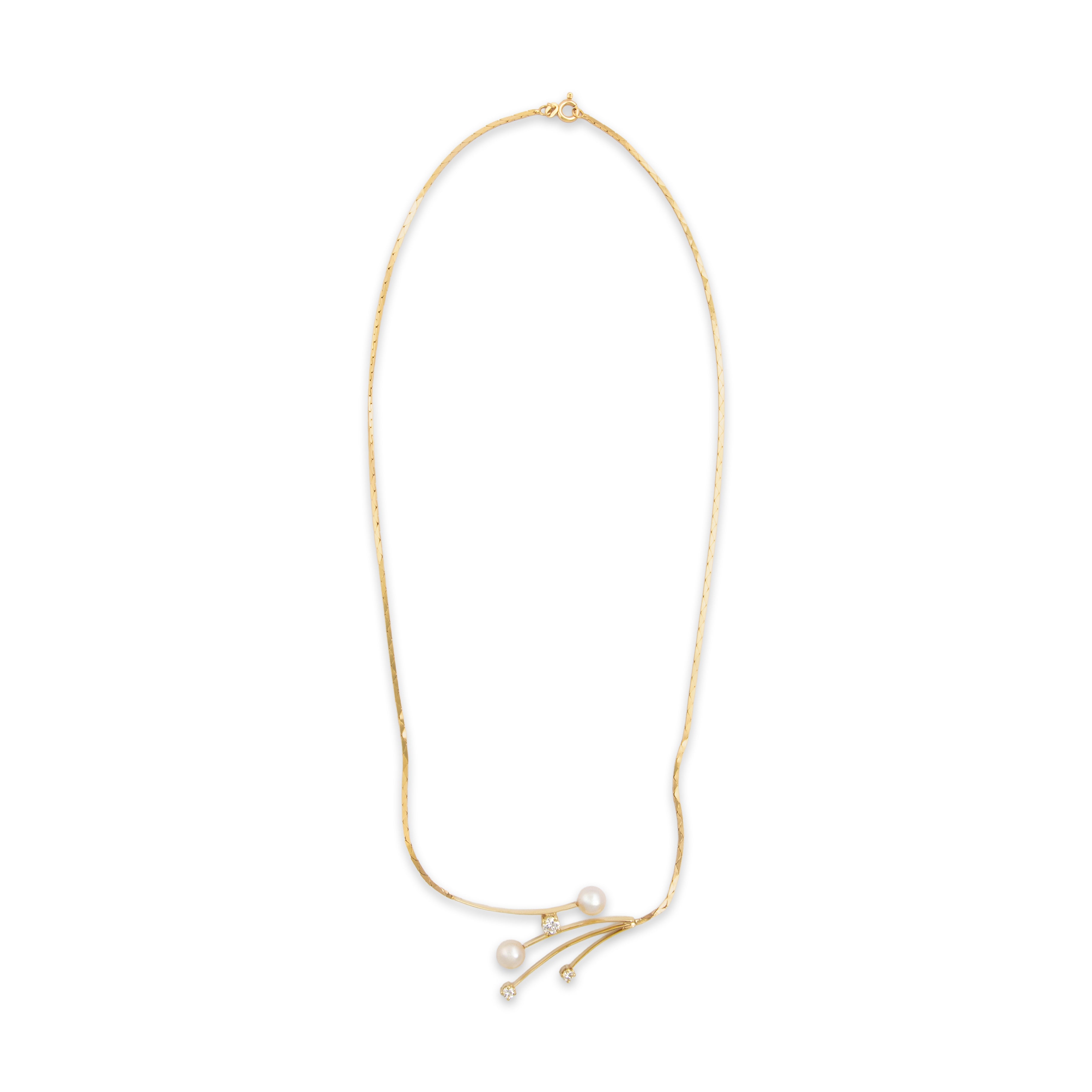 Vintage 14k Yellow Gold Diamond Pearl Elegant Flowing Sparkle Necklace - Overall view