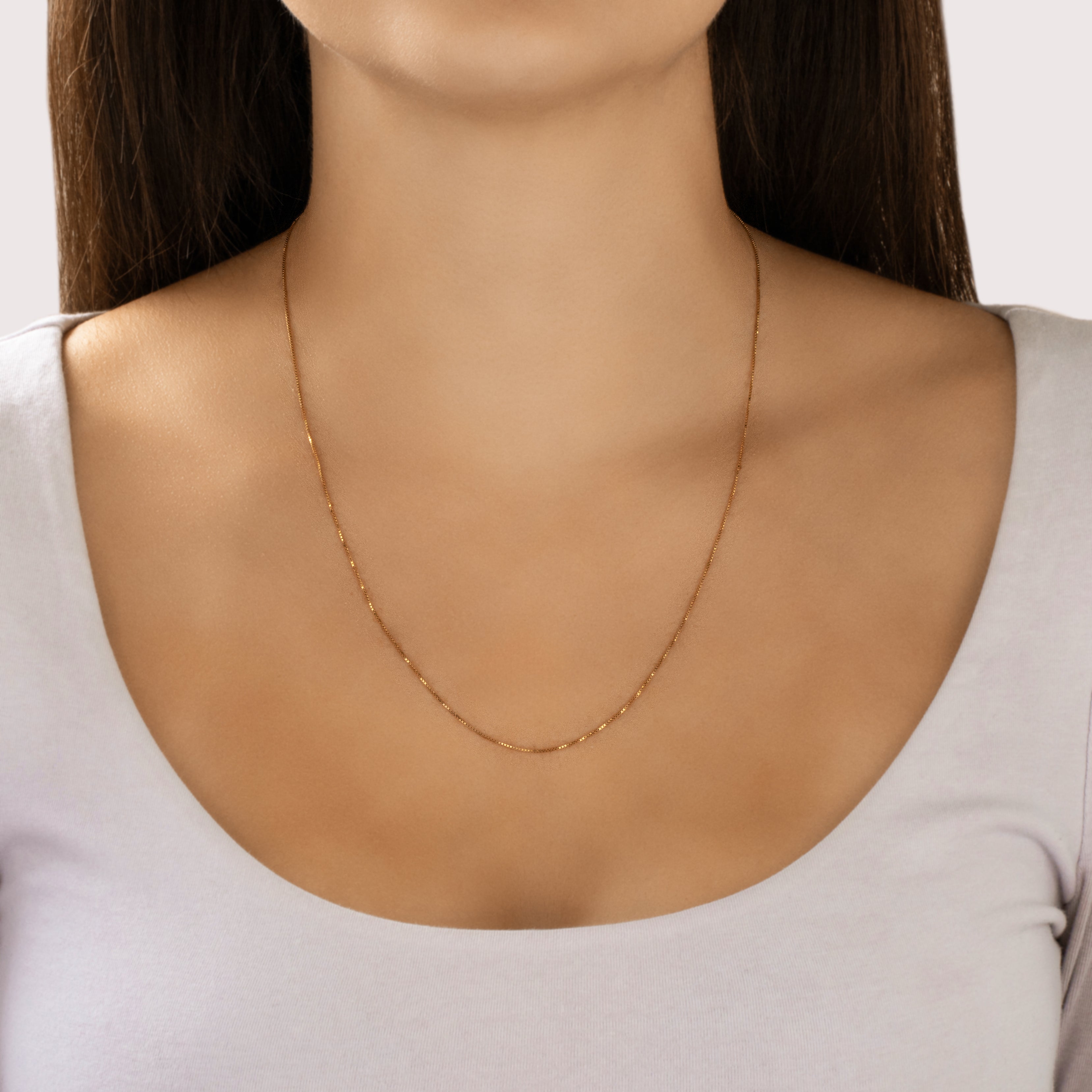 Vintage Italian 14k Yellow Gold Classic Box Link .8mm Chain - On model view