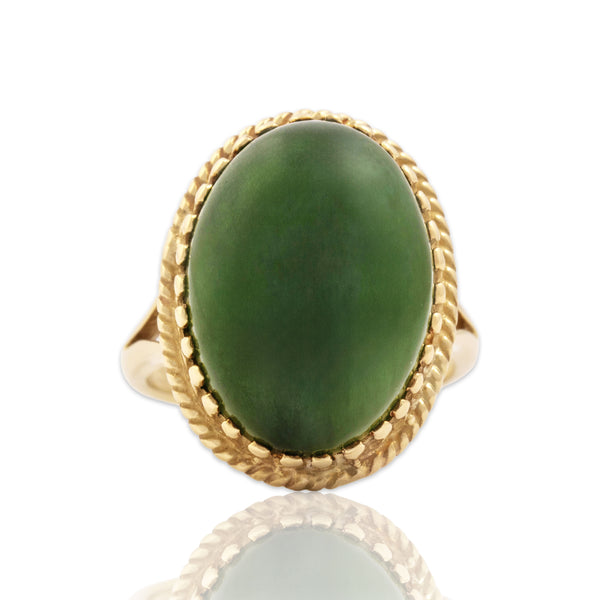 Vintage Large 14k Yellow Gold 10.96ct Jade Oval Cabochon Basket Ring 5.00