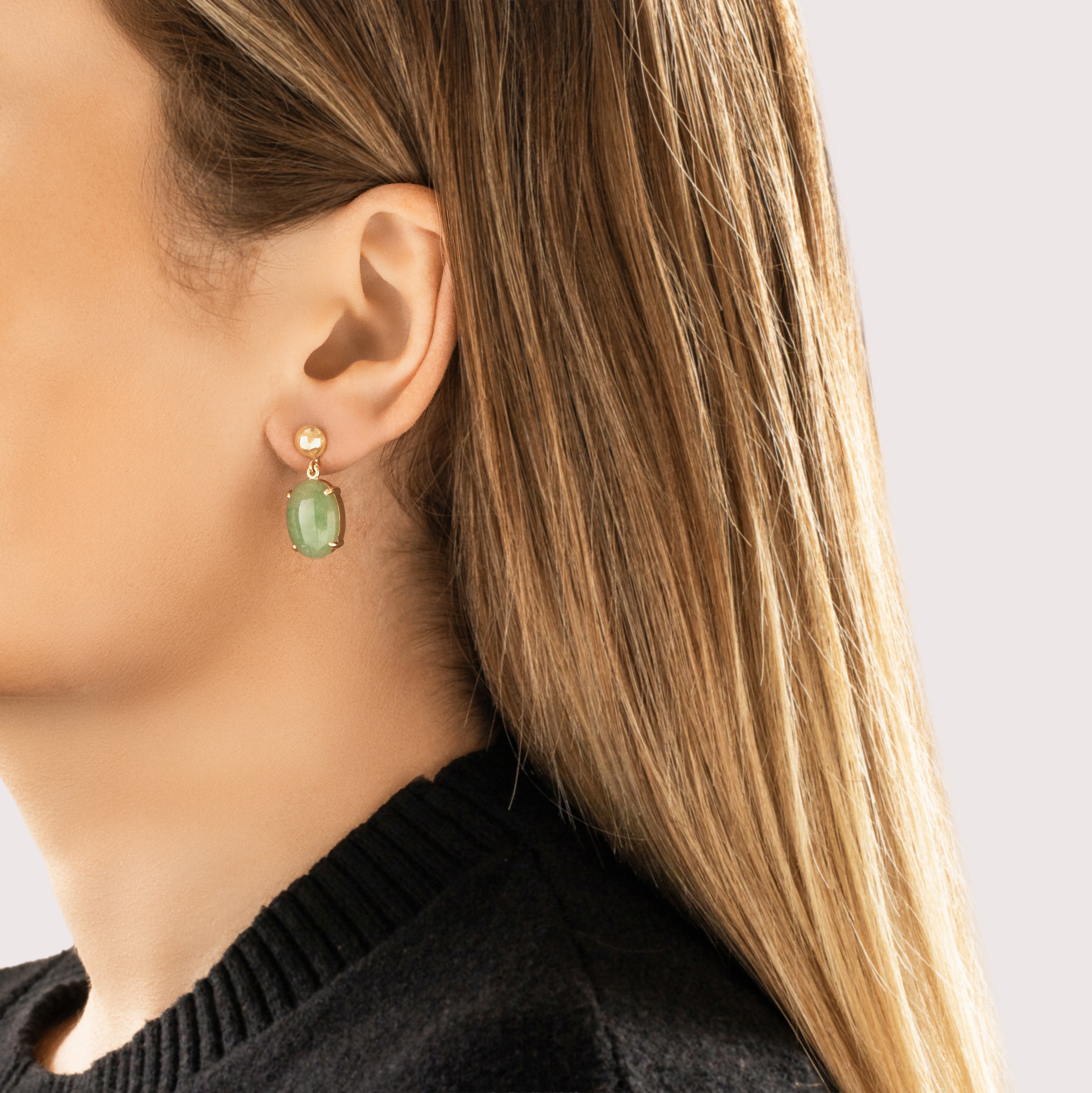 Vintage 14k Yellow Gold 14.58cttw Jade Elegant Cabochon Dangle Earrings - On model view