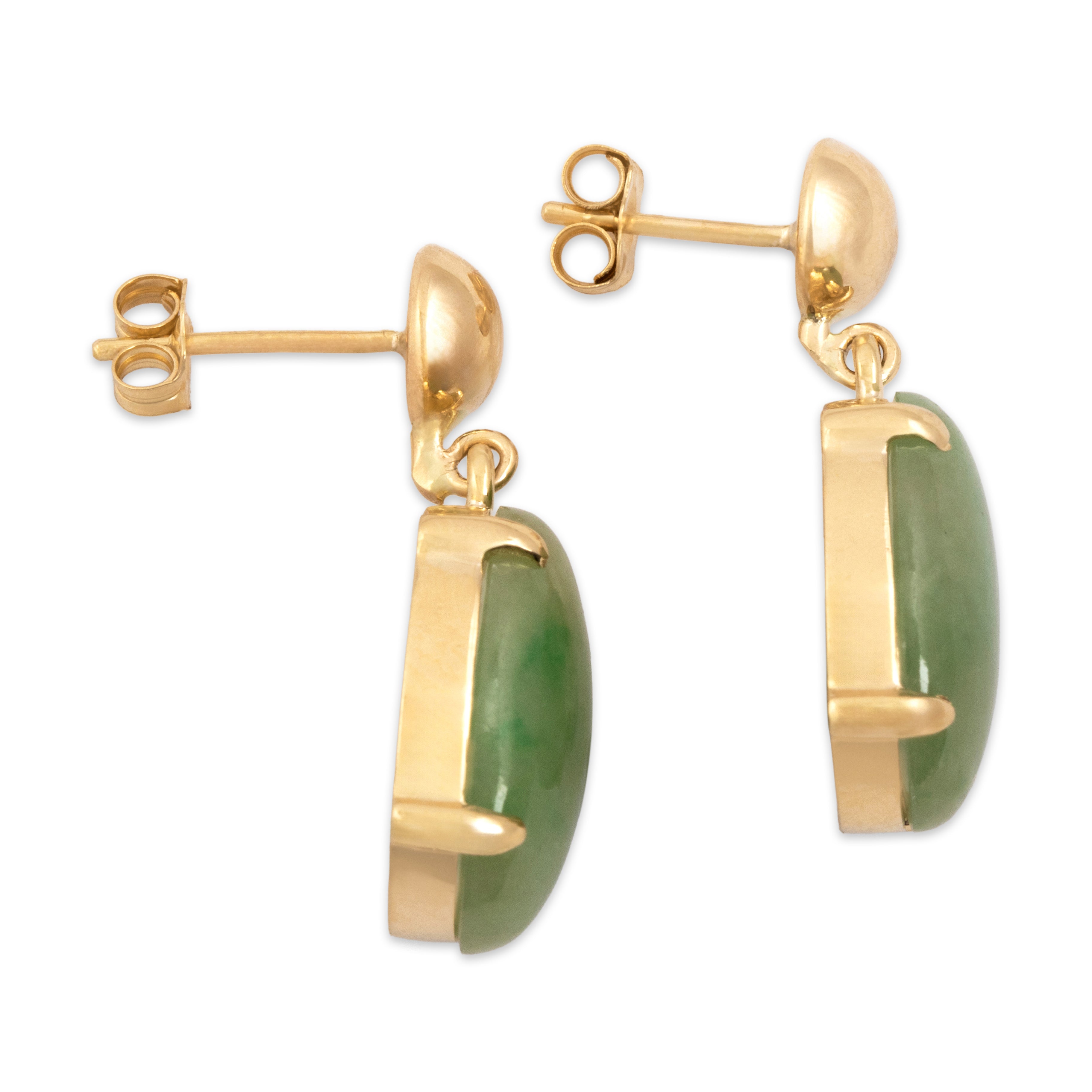Vintage 14k Yellow Gold 14.58cttw Jade Elegant Cabochon Dangle Earrings - Side view