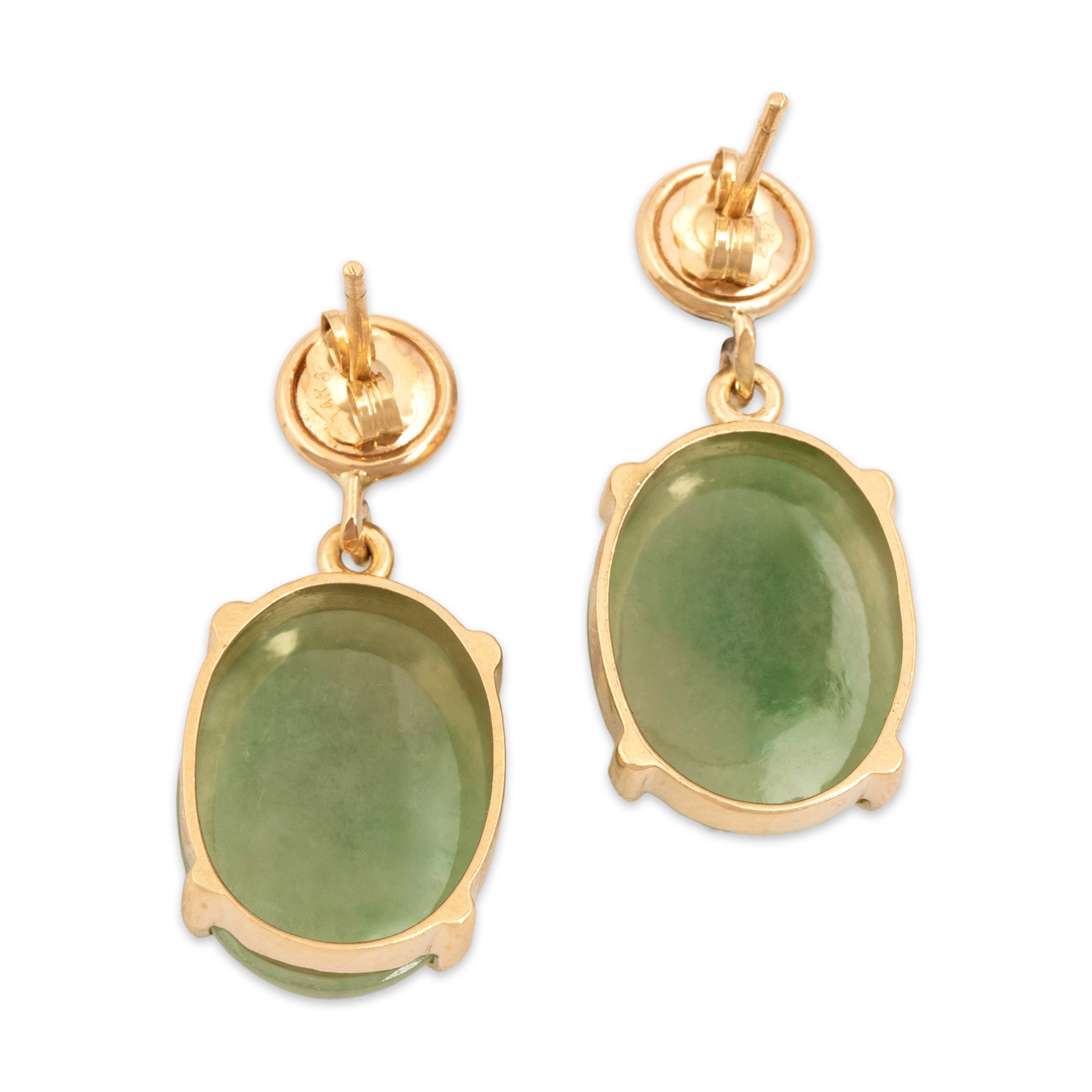 Vintage 14k Yellow Gold 14.58cttw Jade Elegant Cabochon Dangle Earrings - Back view