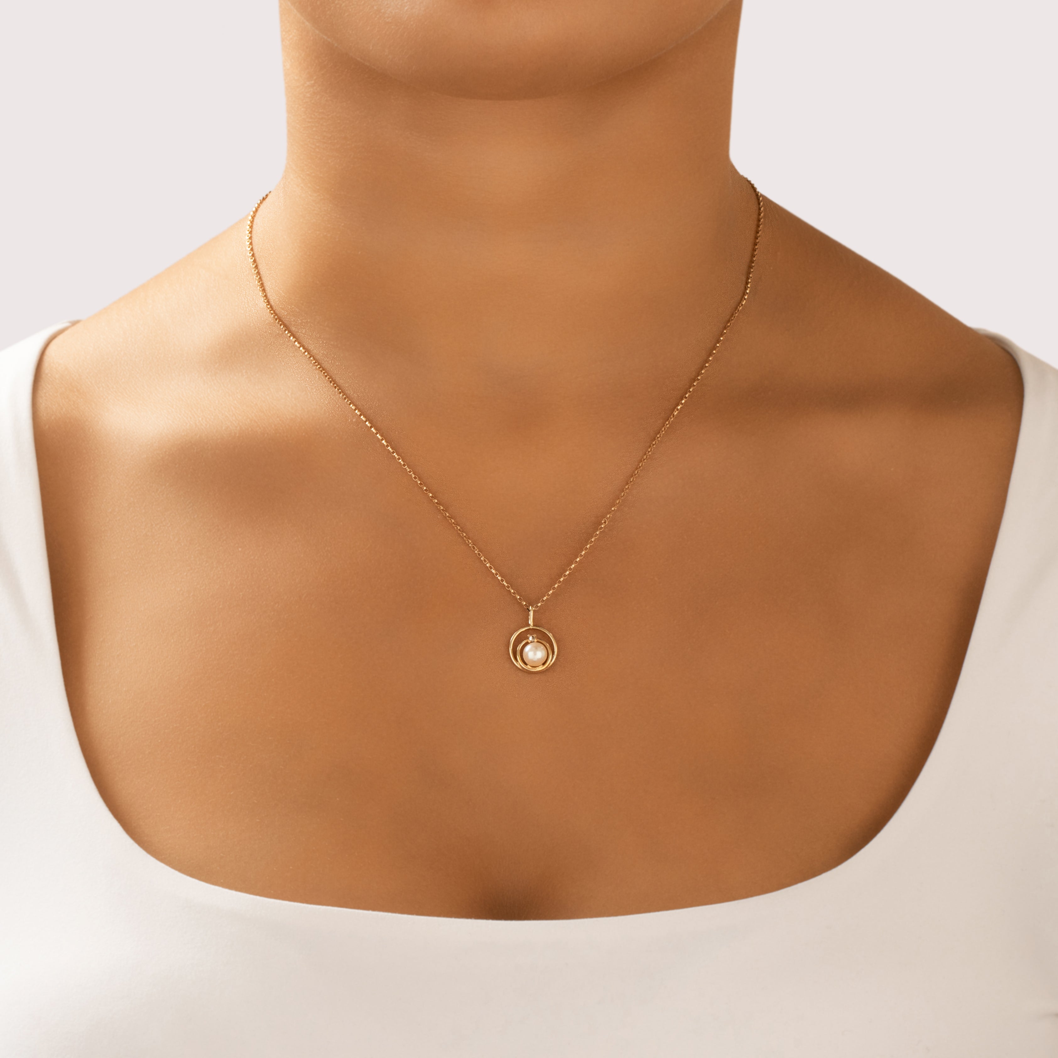 Vintage 14k Yellow Gold Diamond Pearl Double Circle Floating Pearl Pendant - On model view