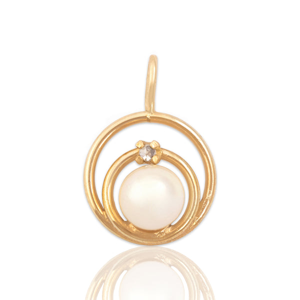 Vintage 14k Yellow Gold Pearl Diamond Double Circle Luminous Pendant