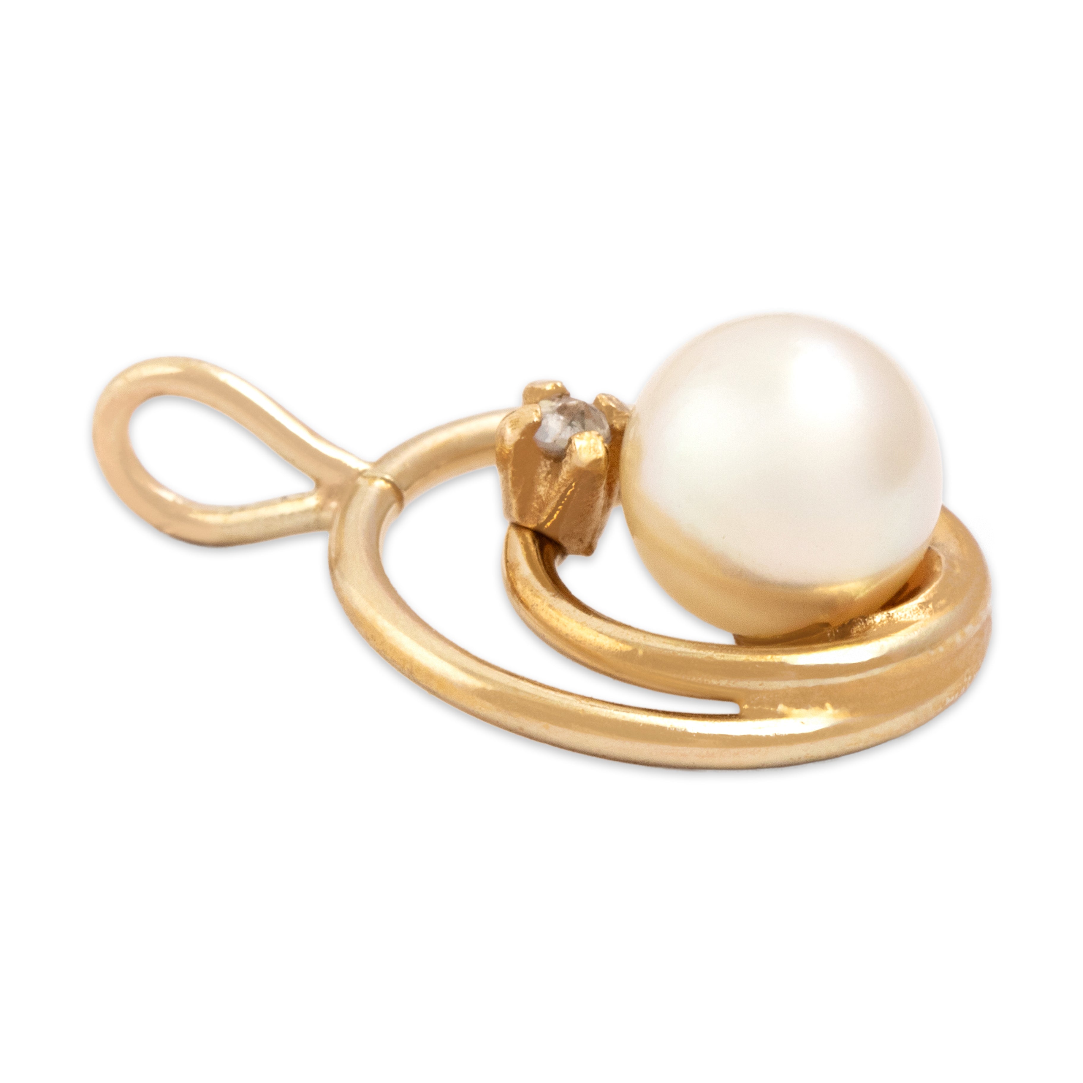 Vintage 14k Yellow Gold Diamond Pearl Double Circle Floating Pearl Pendant - Side view