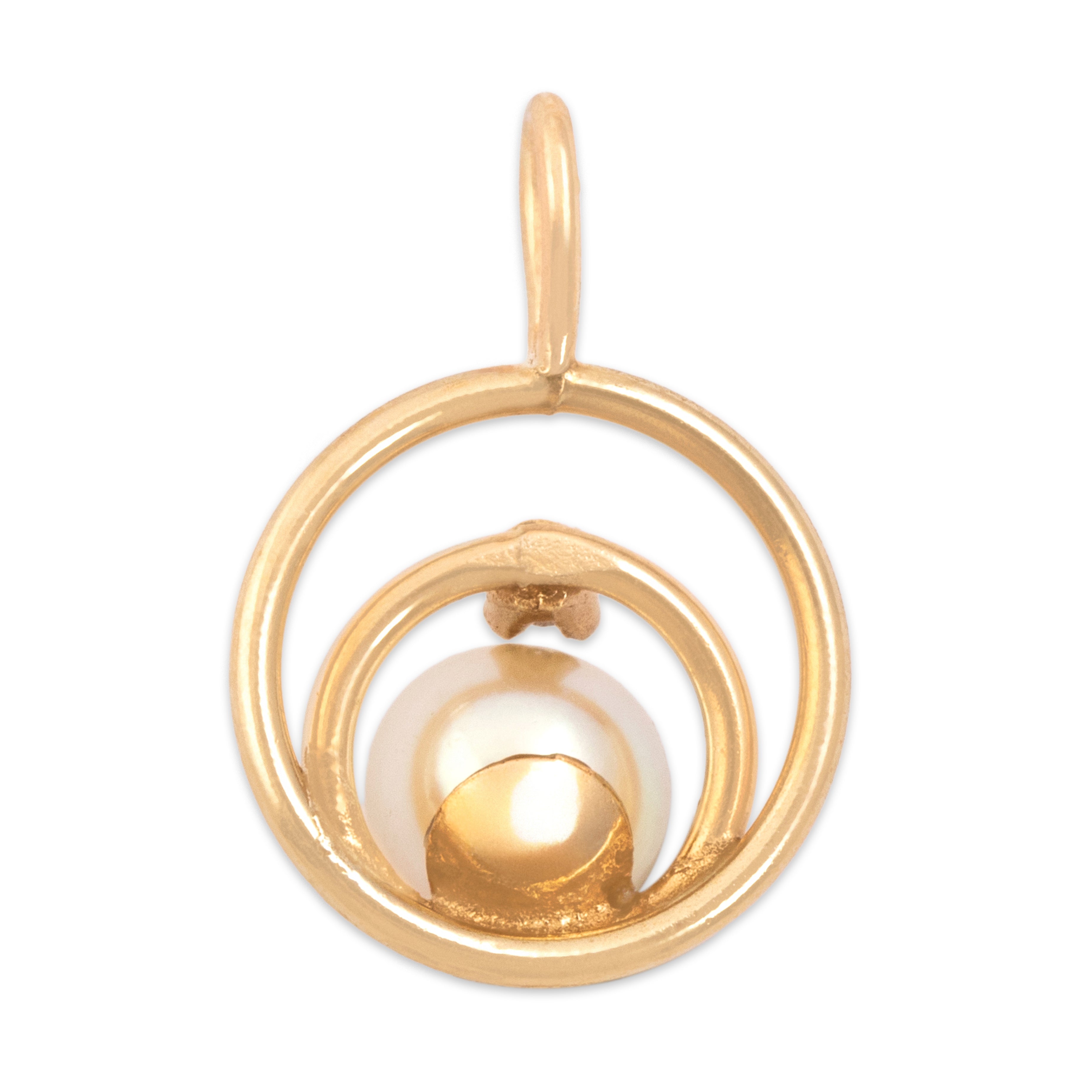 Vintage 14k Yellow Gold Diamond Pearl Double Circle Floating Pearl Pendant - Back view