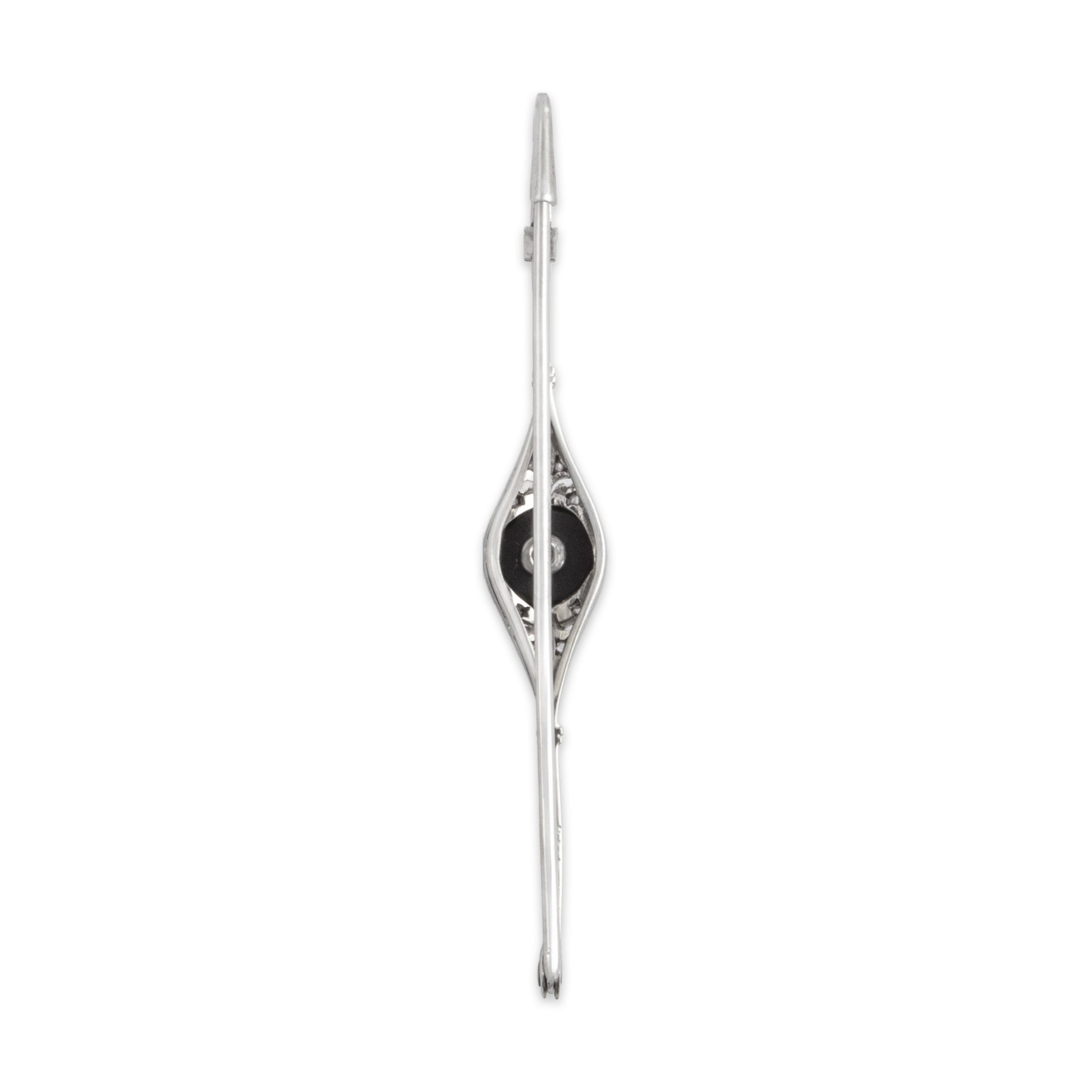 Antique Art Deco 18k White Gold Old European Cut Diamond Rose Cut Diamond Ornate Inlay Filigree Brooch / Pin - Back view