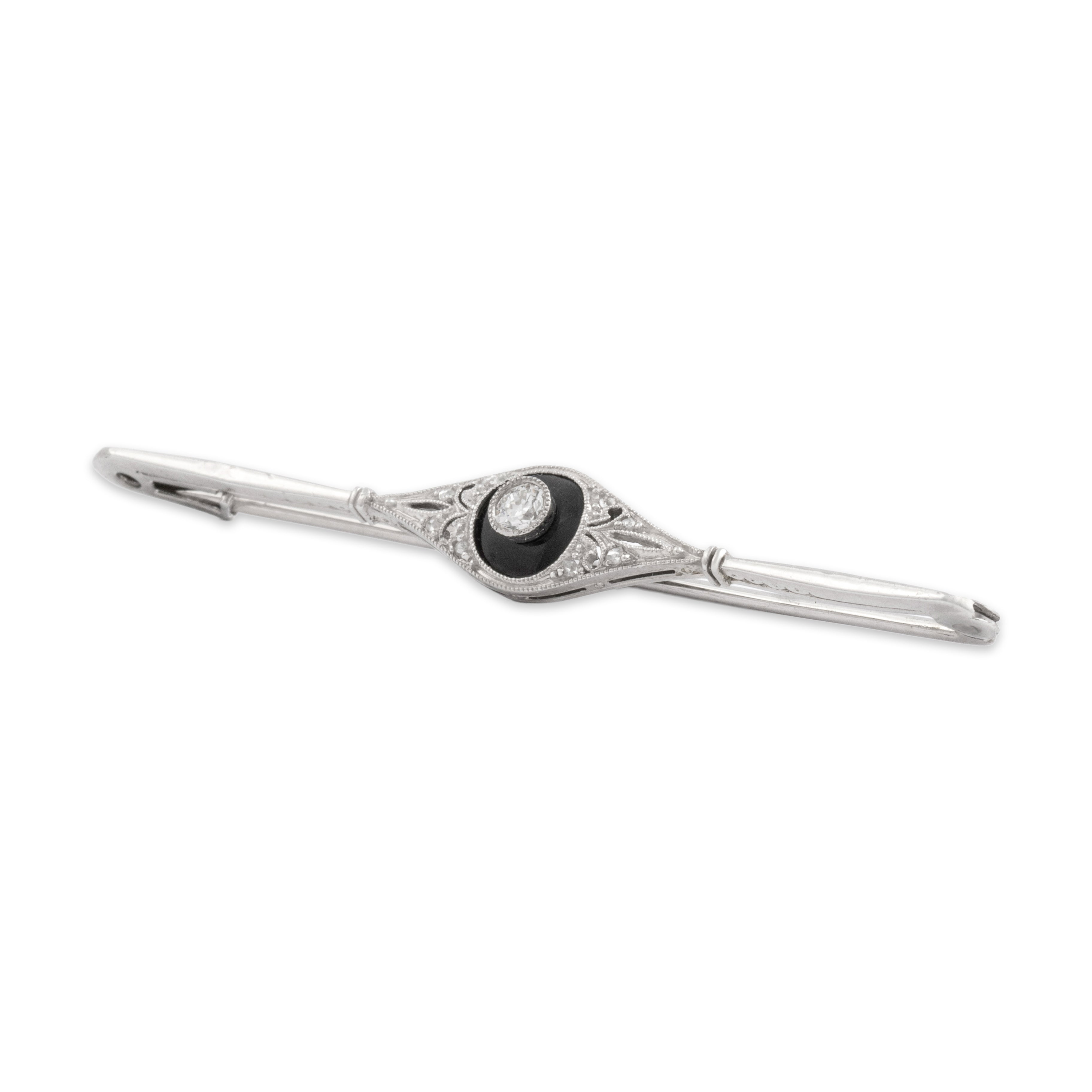 Antique Art Deco 18k White Gold Old European Cut Diamond Rose Cut Diamond Ornate Inlay Filigree Brooch / Pin - detail view #2