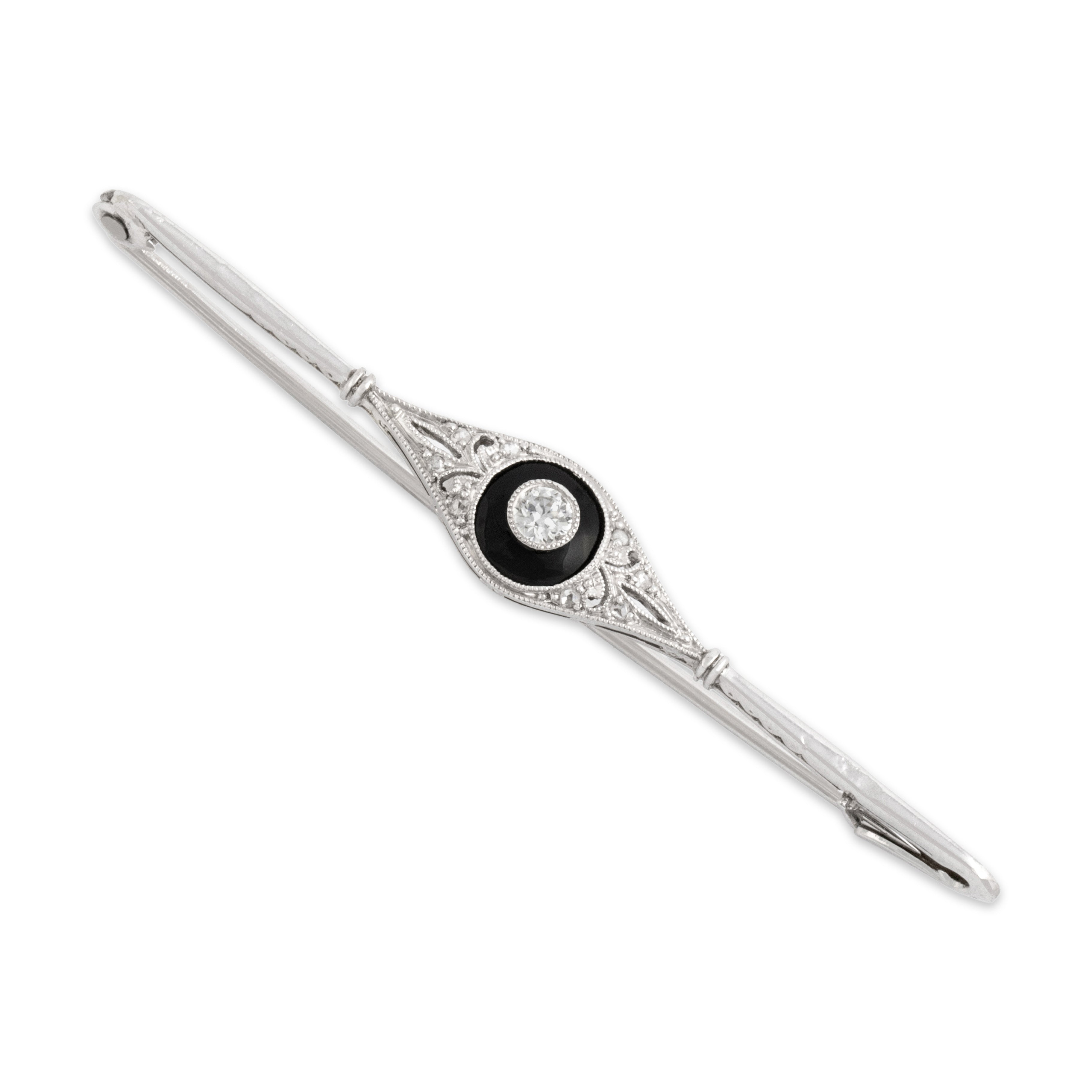 Antique Art Deco 18k White Gold Old European Cut Diamond Rose Cut Diamond Ornate Inlay Filigree Brooch / Pin - detail view #3