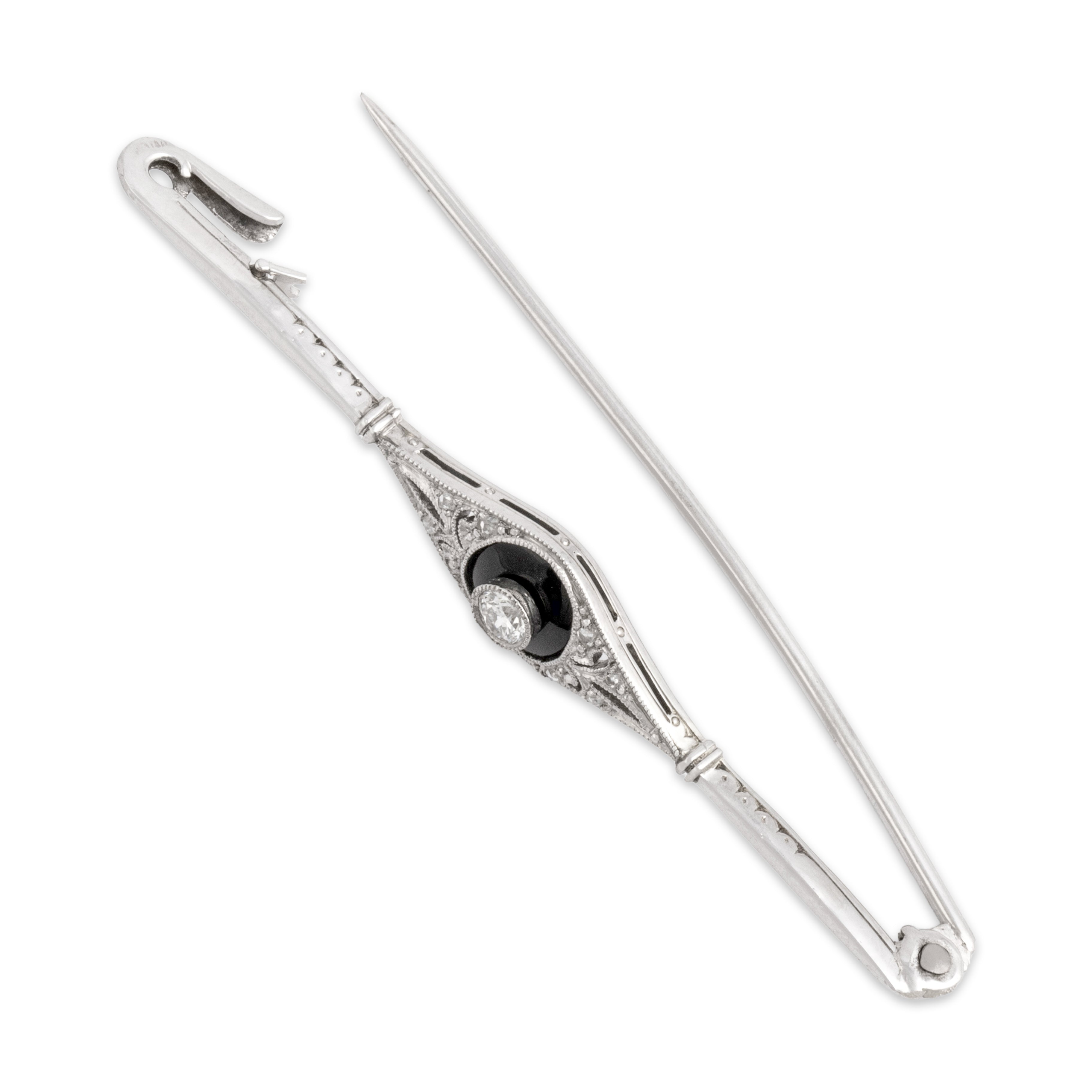 Antique Art Deco 18k White Gold Old European Cut Diamond Rose Cut Diamond Ornate Inlay Filigree Brooch / Pin - detail view #1