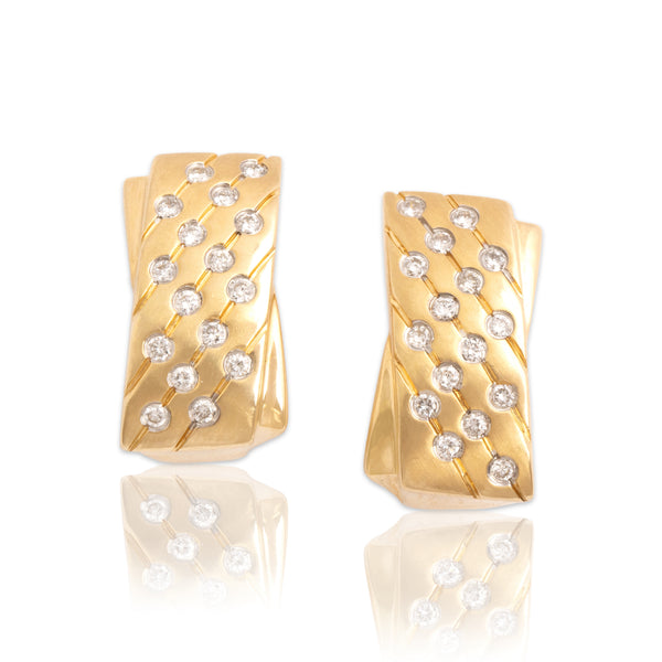 Vintage 14k Yellow Gold Diamond Brushed Crossover Sparkling Earrings