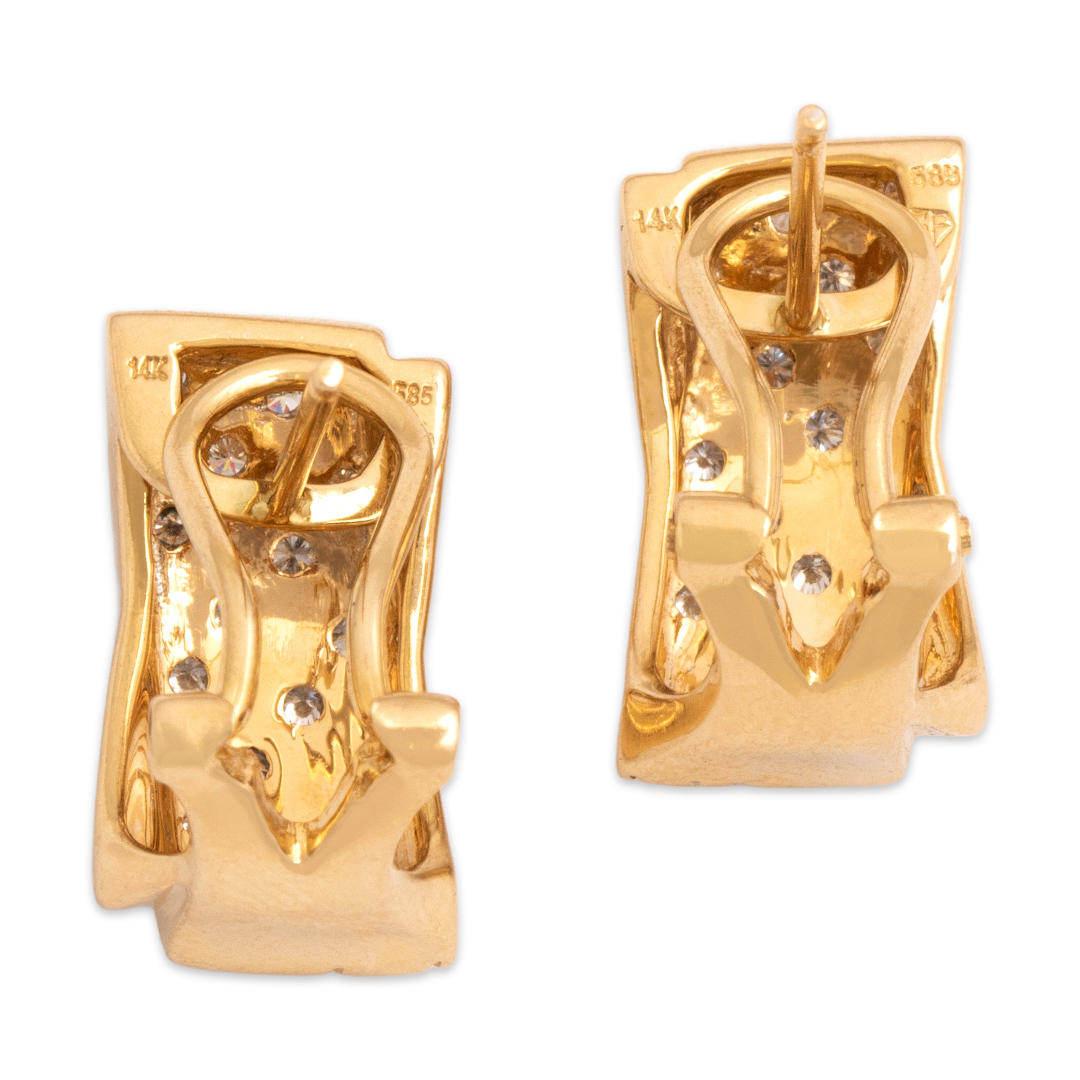 Vintage 14k Yellow Gold Diamond Chic Brushed Crossover Omega-Back Earrings - Back view