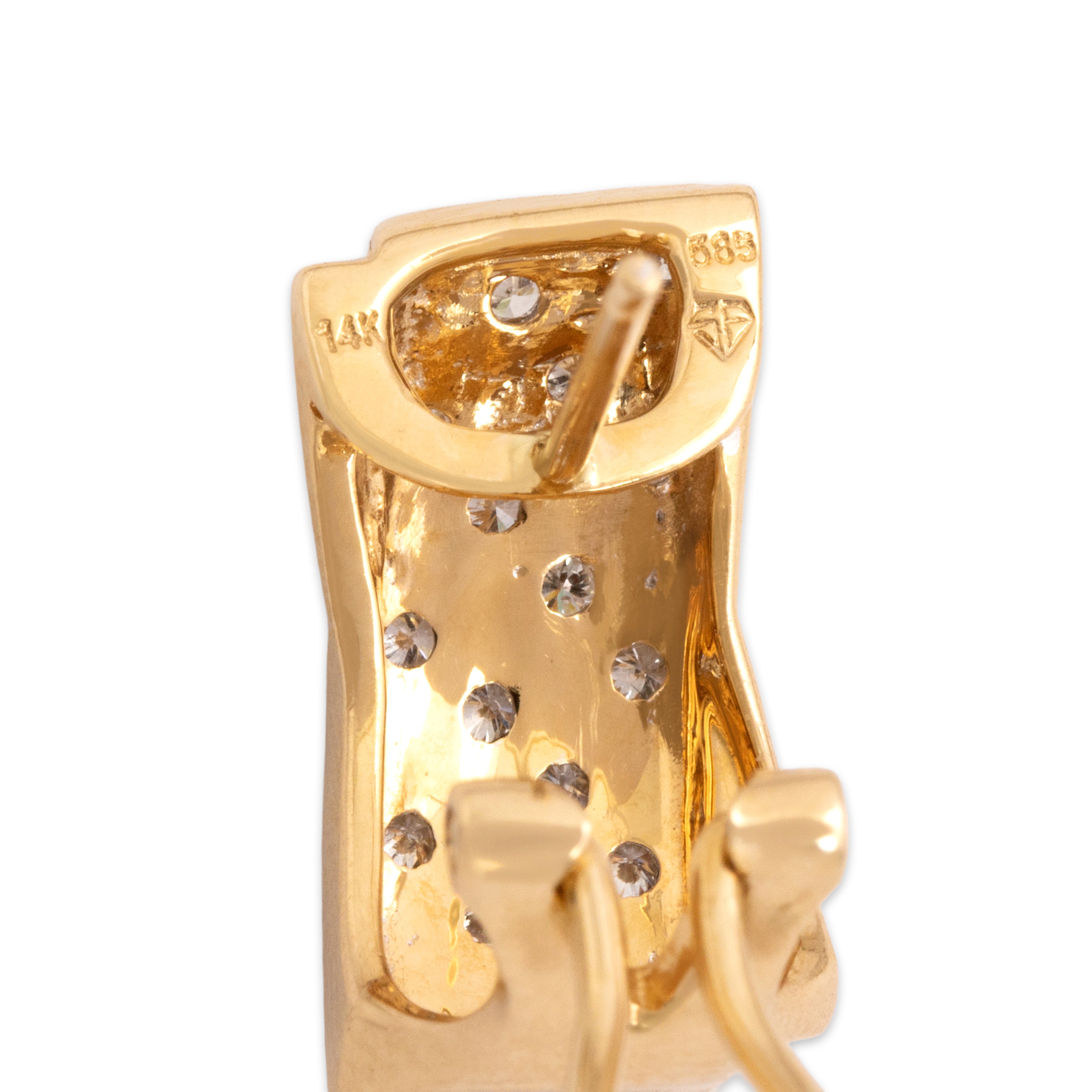 Vintage 14k Yellow Gold Diamond Chic Brushed Crossover Omega-Back Earrings - Hallmark view