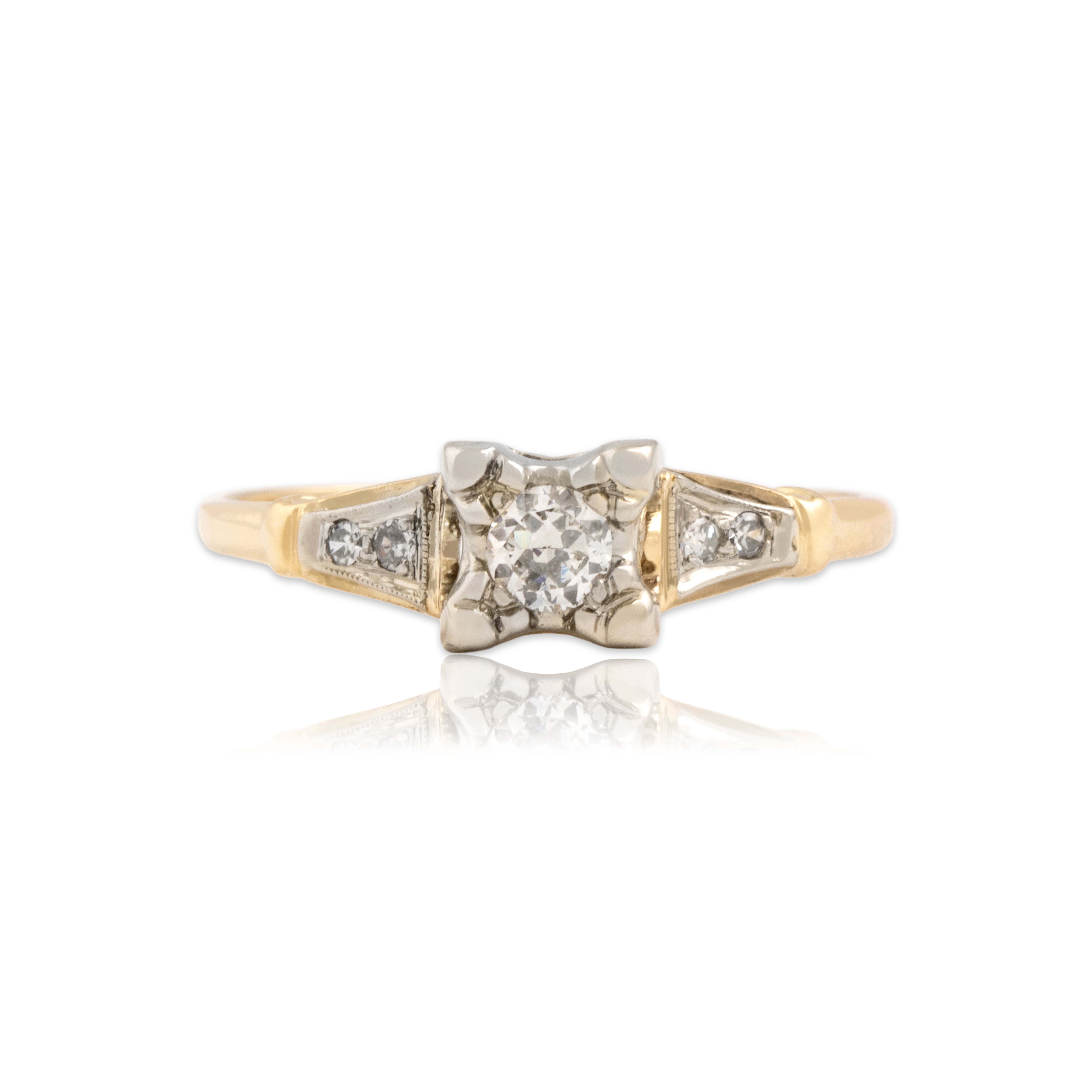 Vintage 14k Yellow & White Gold Diamond Romantic Classic Square-Set Milgrain Ring - Close-up view