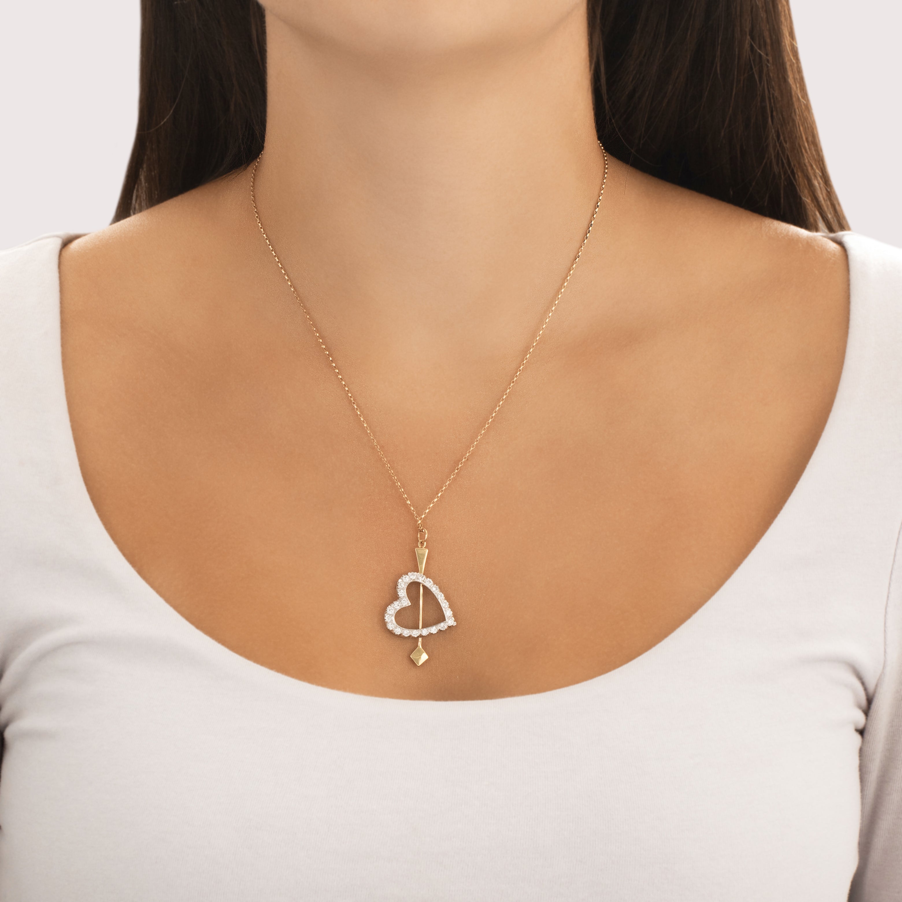 Vintage 14k White & Rosy Yellow Gold .91cttw Diamond Superb Glittering Heart And Arrow Pendant - On model view