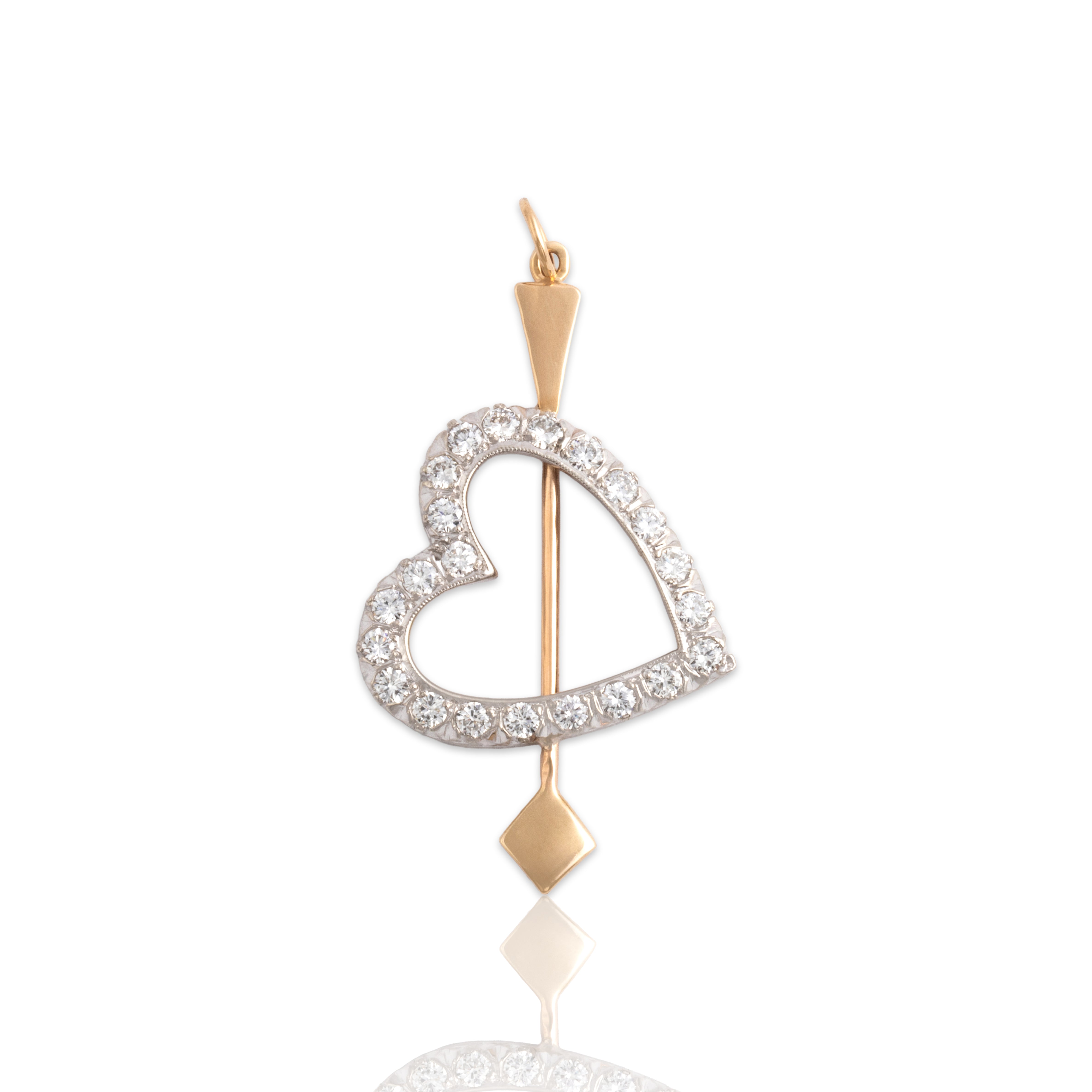 Vintage 14k White & Rosy Yellow Gold .91cttw Diamond Superb Glittering Heart And Arrow Pendant - Close-up view