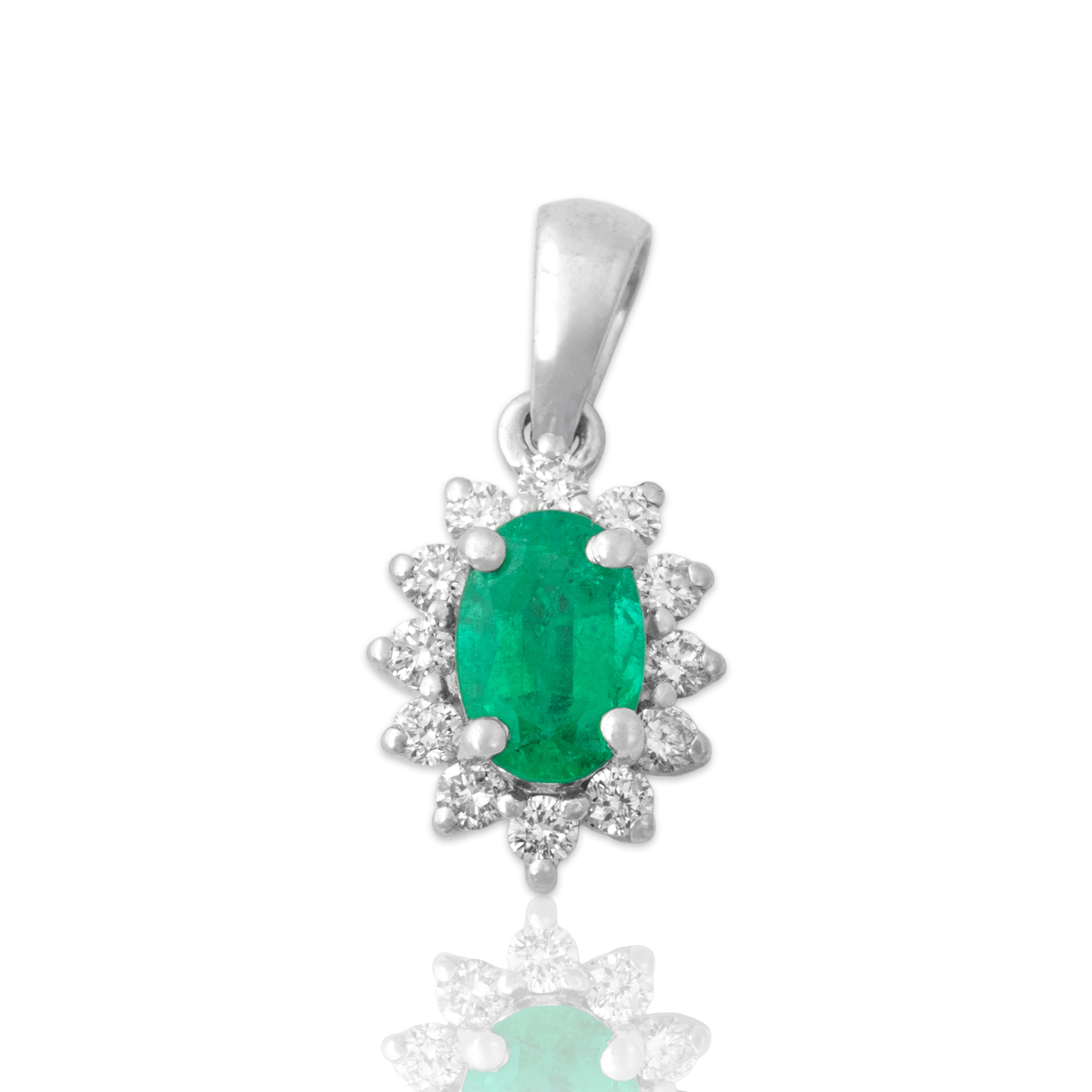 Vintage Small 14k White Gold Emerald Diamond Refined Oval Halo Pendant - Close-up view