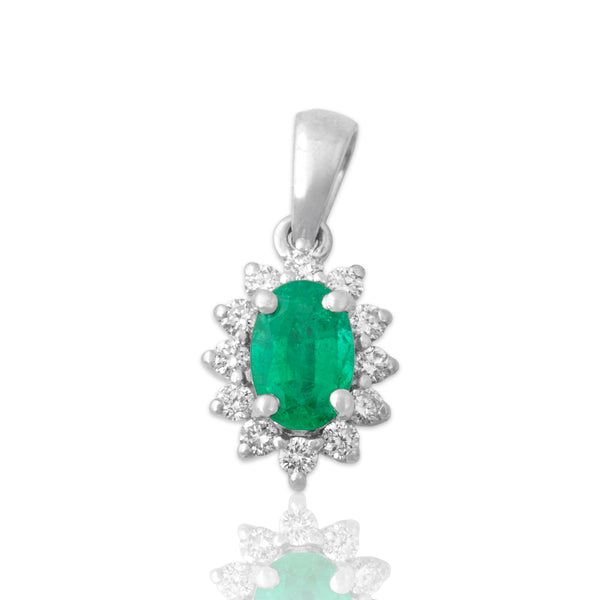 Vintage Small 14k White Gold Emerald Diamond Refined Oval Halo Pendant