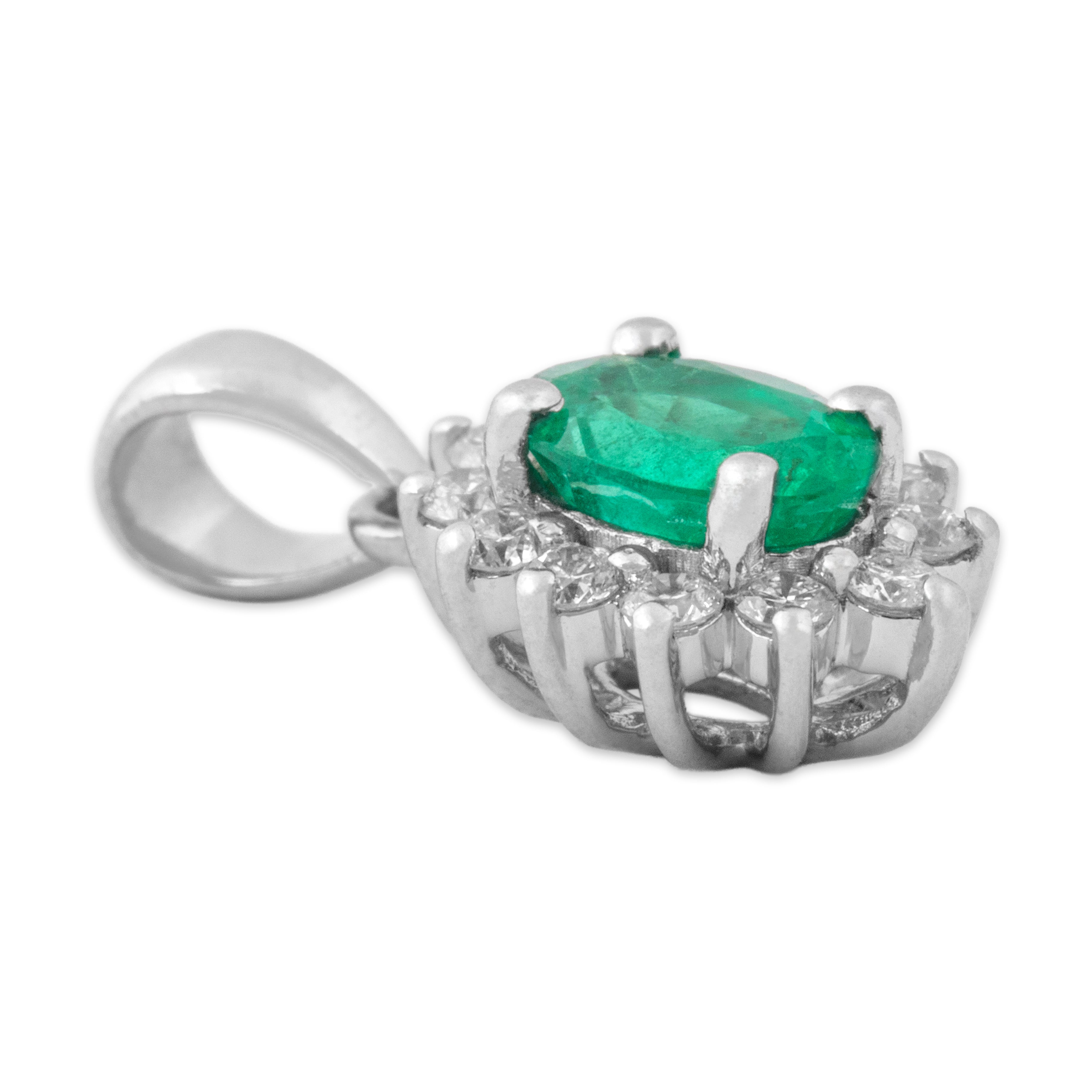 Vintage Small 14k White Gold Emerald Diamond Refined Oval Halo Pendant - Side view