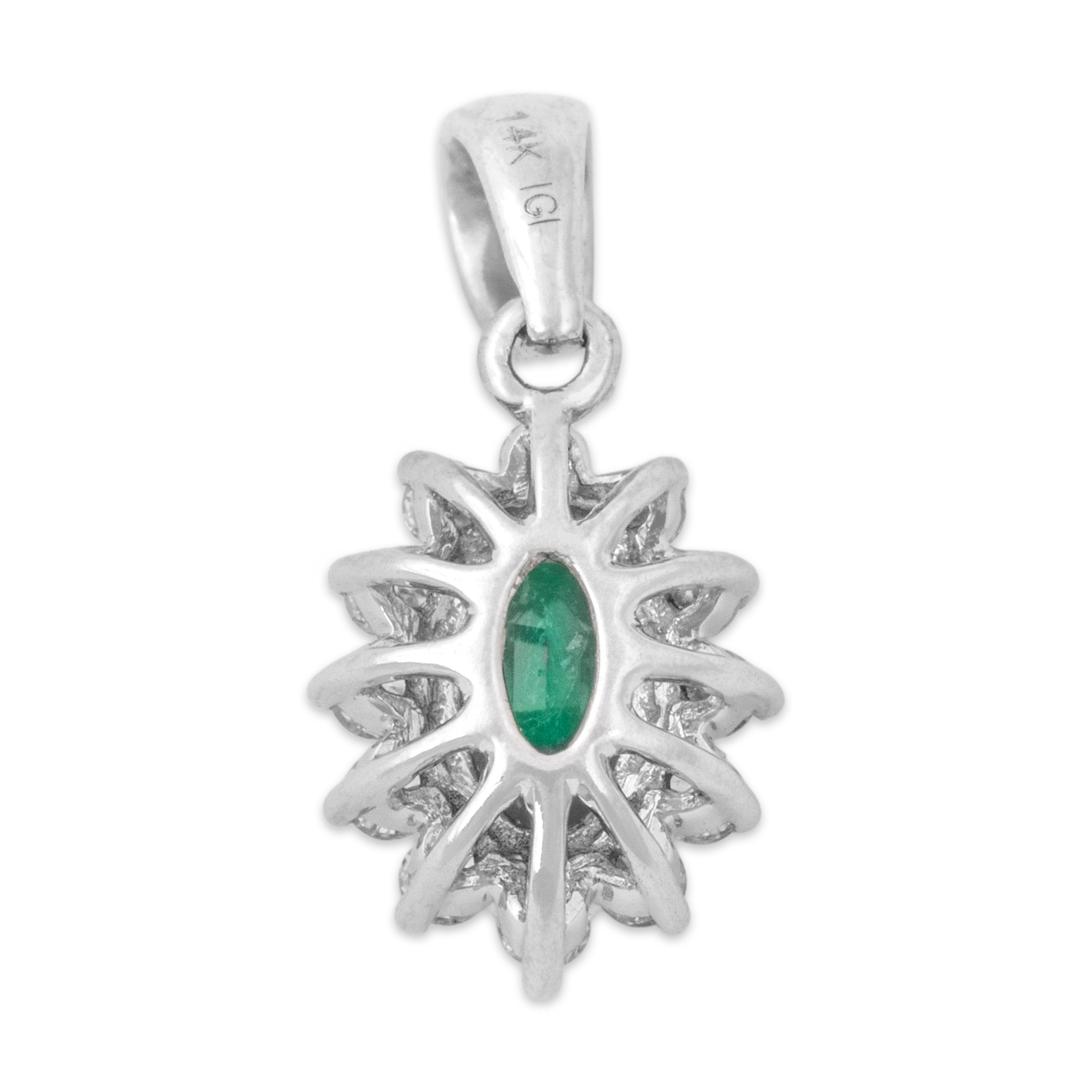Vintage Small 14k White Gold Emerald Diamond Refined Oval Halo Pendant - Back view