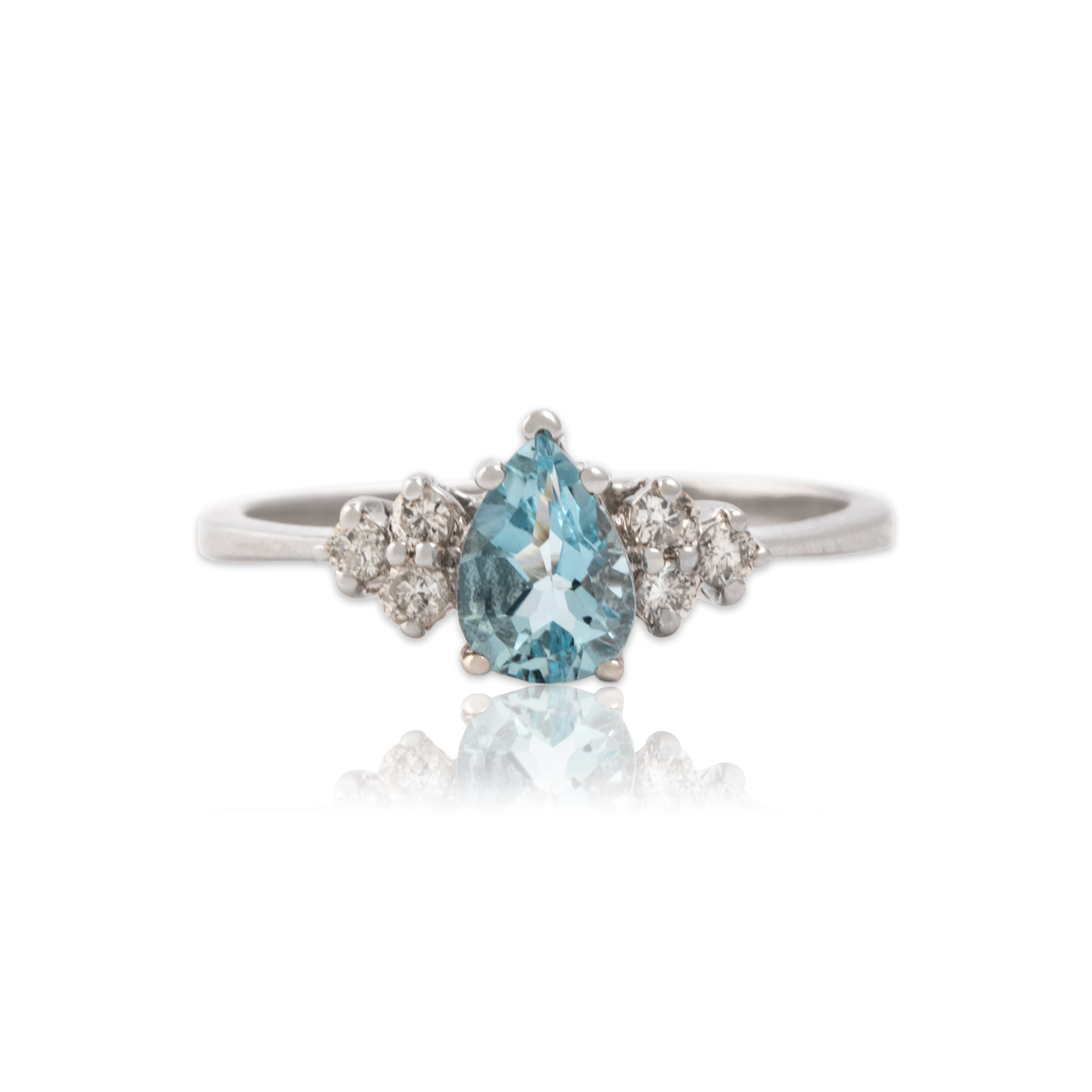 Vintage 14k White Gold .6ct Aquamarine Diamond Sparkling Pear Trio Shoulder Ring - Close-up view