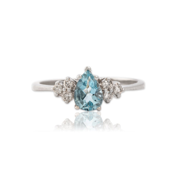 Vintage 14k White Gold .6ct Aquamarine Diamond Sparkling Pear Ring 7.00