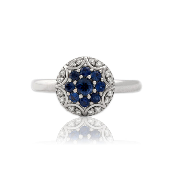 Vintage 14k White Gold Blue Sapphire Diamond Splendid Starburst Disc Ring 8.75